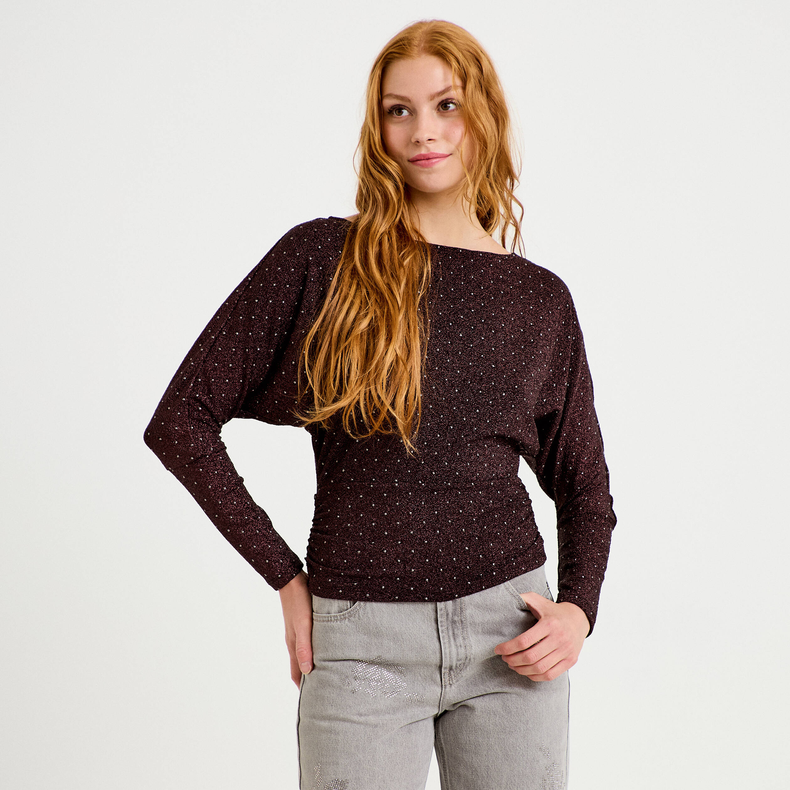 Top droit col bateau manches longues violet fonc&eacute; femme