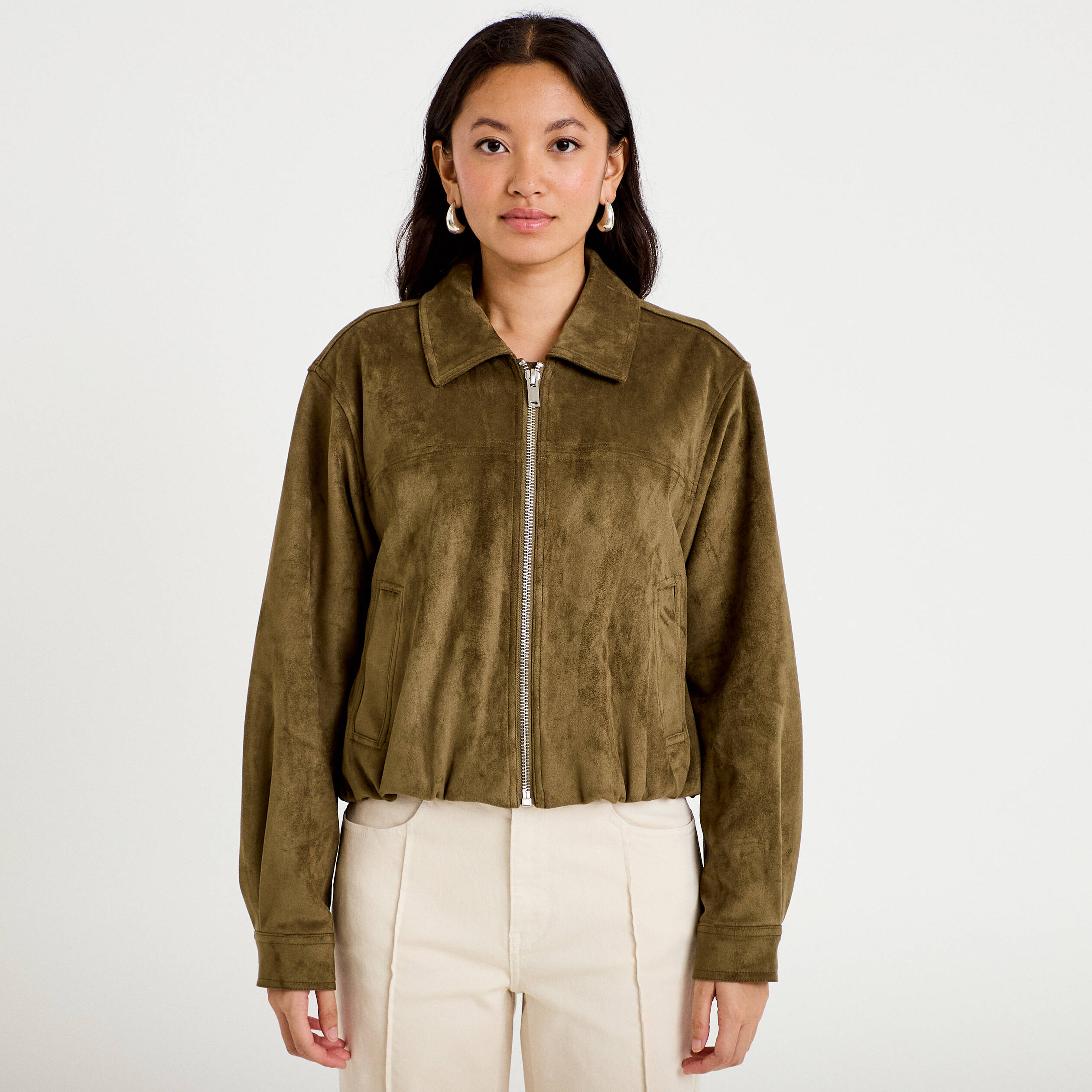 Veste effet boule oversize cropped vert kaki femme