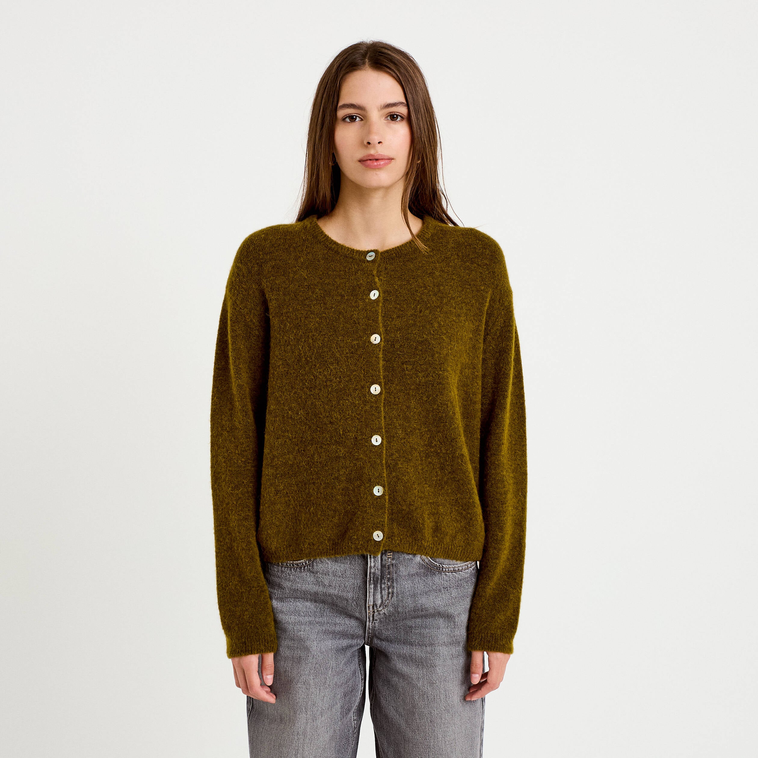 Gilet manches longues vert olive femme