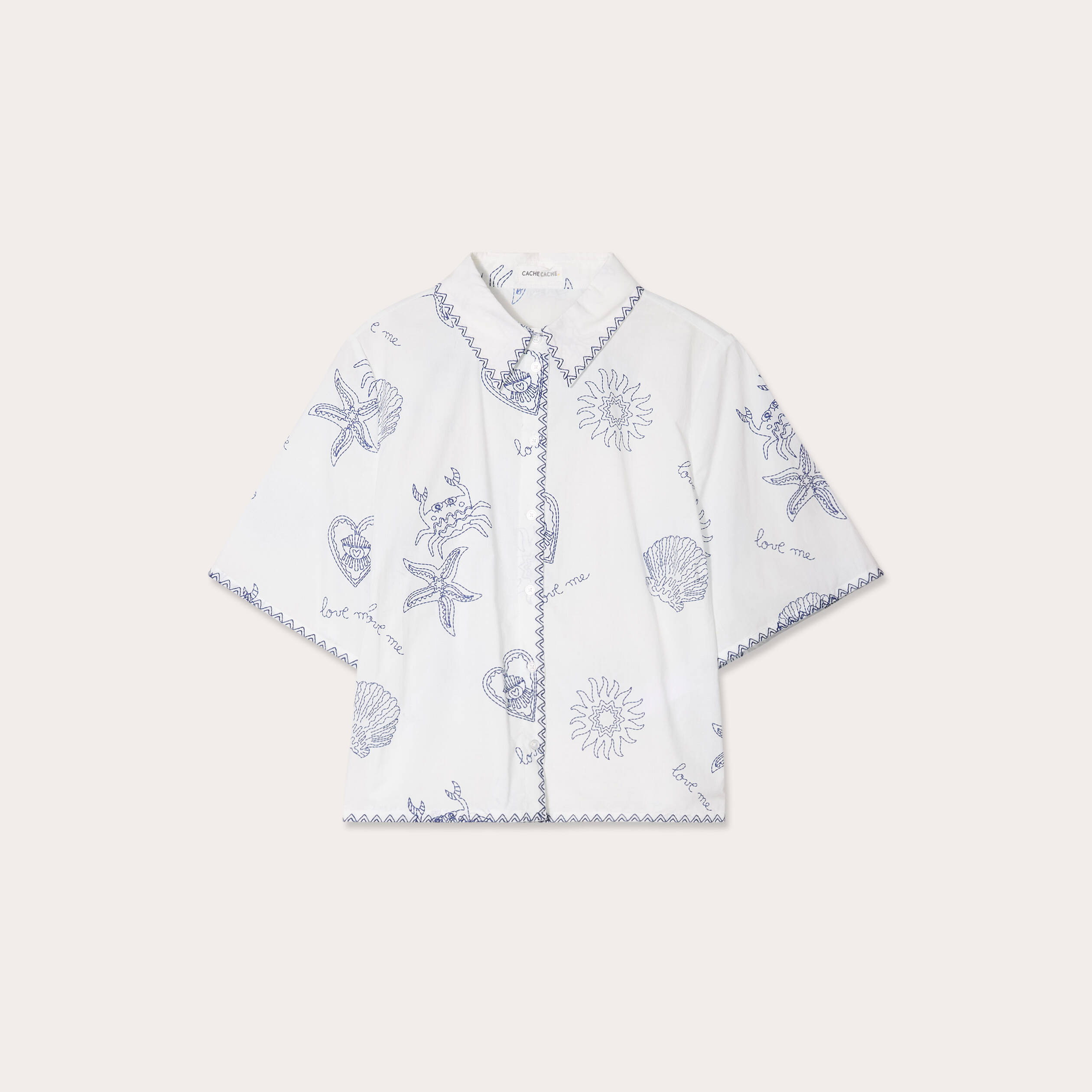 Chemise manches courtes brod&eacute;e bleu marine femme