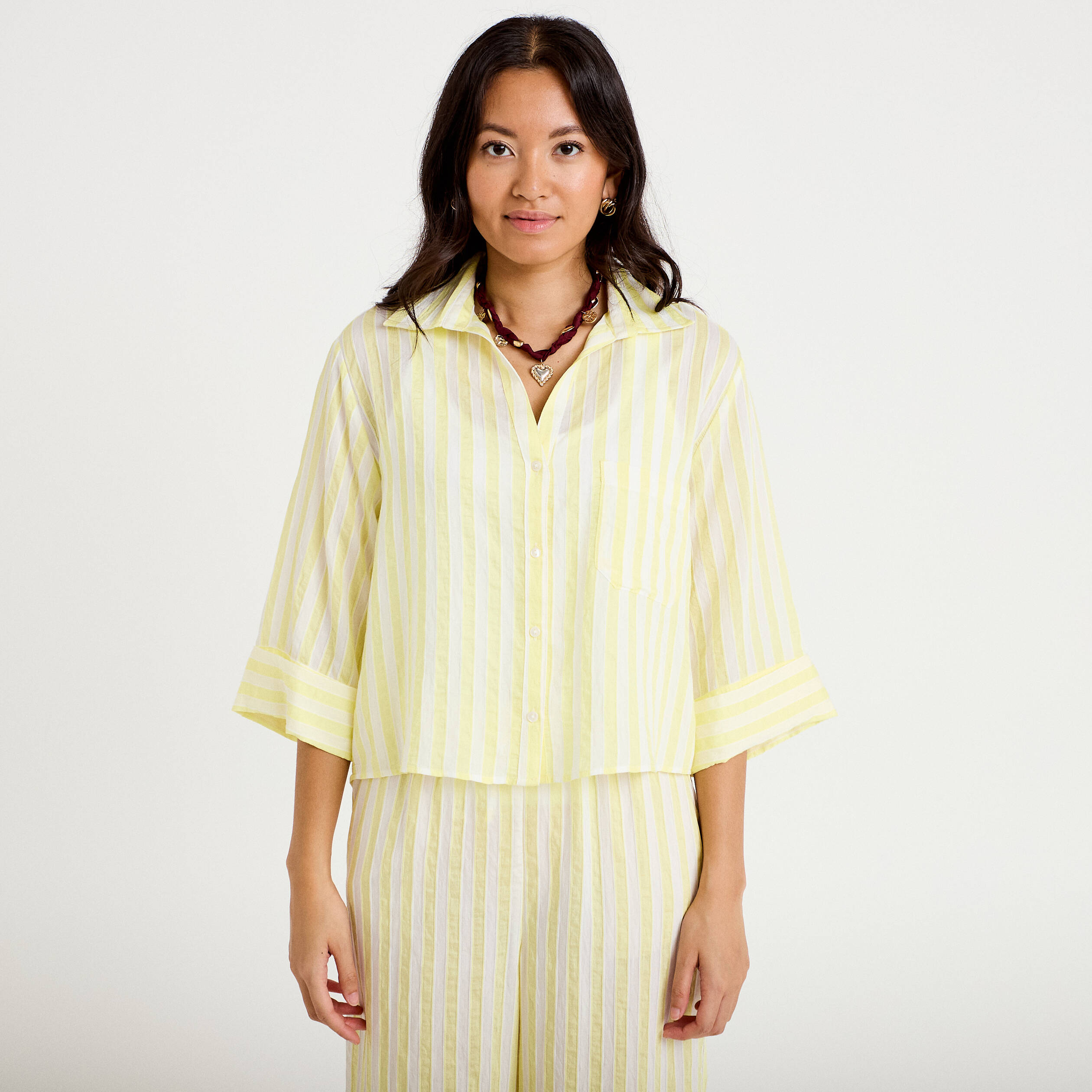 Blouse ample col tunisien manches 3/4 jaune femme