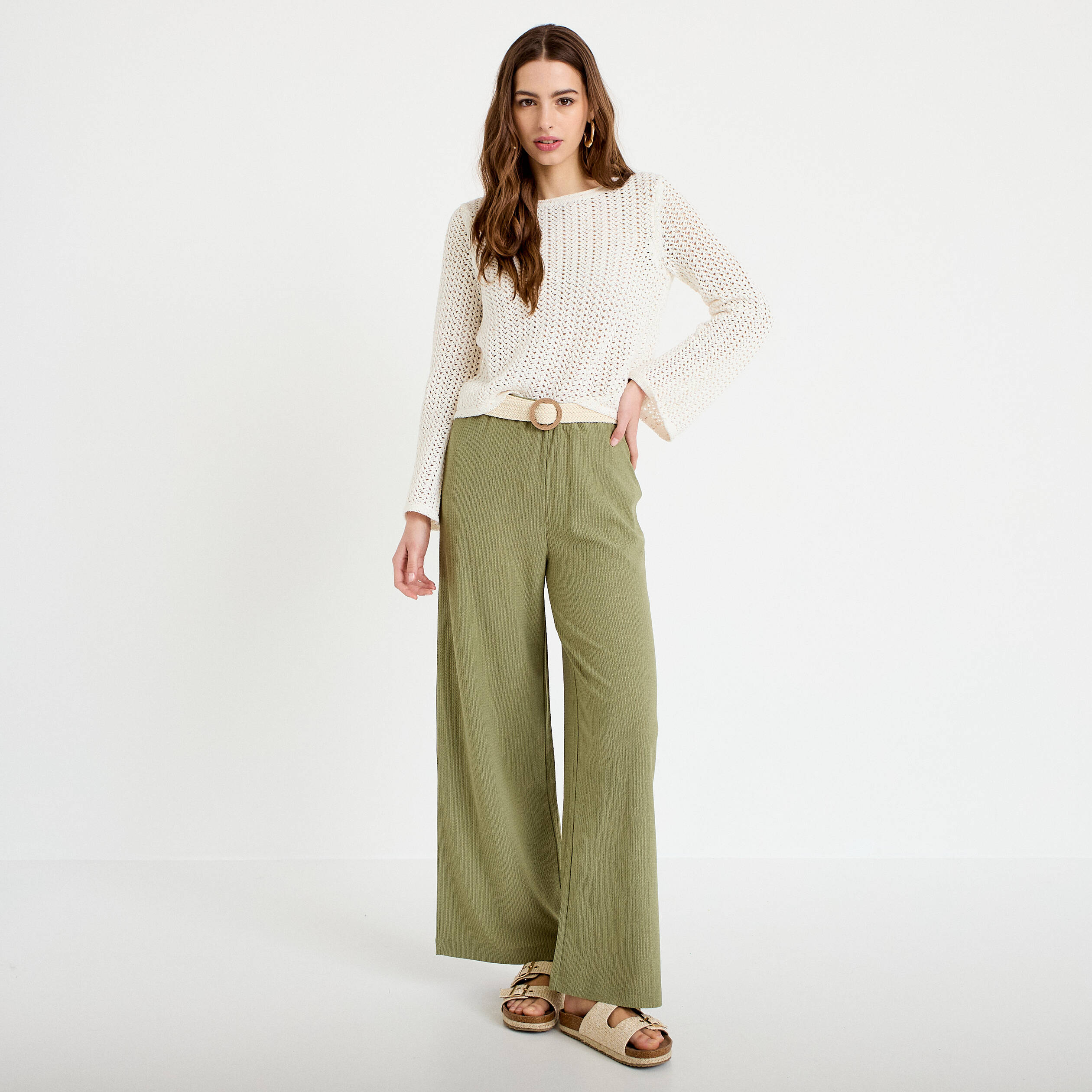 Pantalon large fluide ceintur&eacute; vert kaki femme