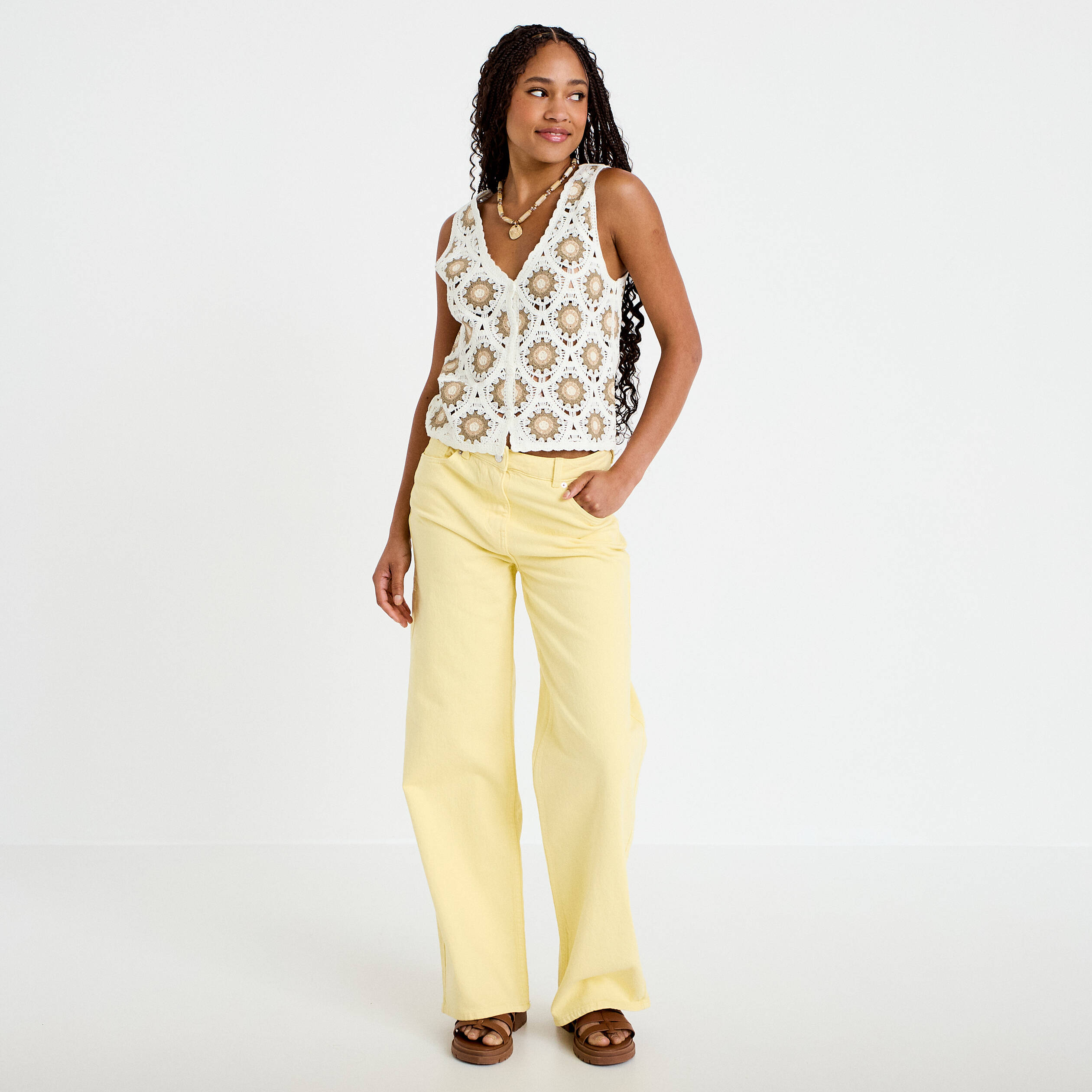 Jean wide leg taille haute jaune pastel femme