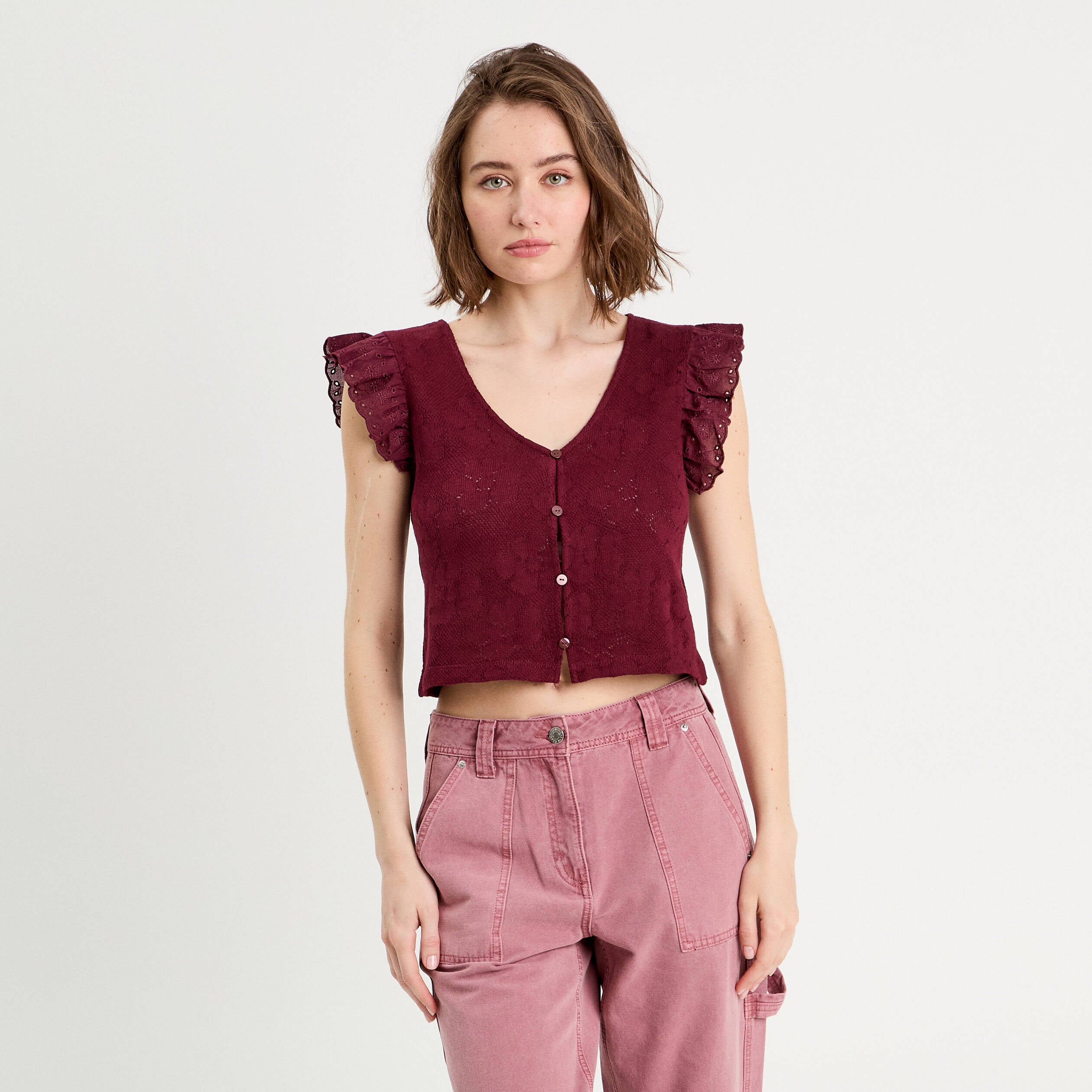 T-shirt manches volants prune femme