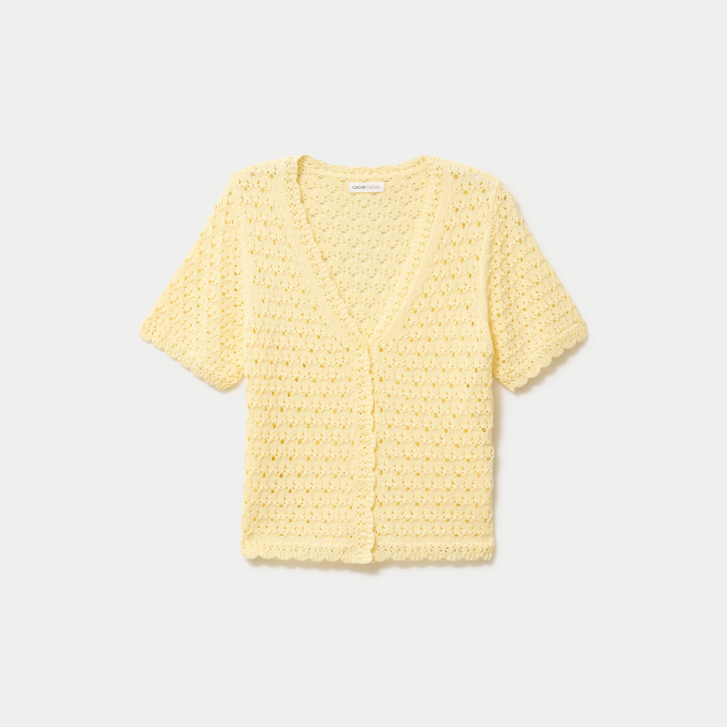 Gilet ajour&eacute; col v manches courtes jaune pastel femme
