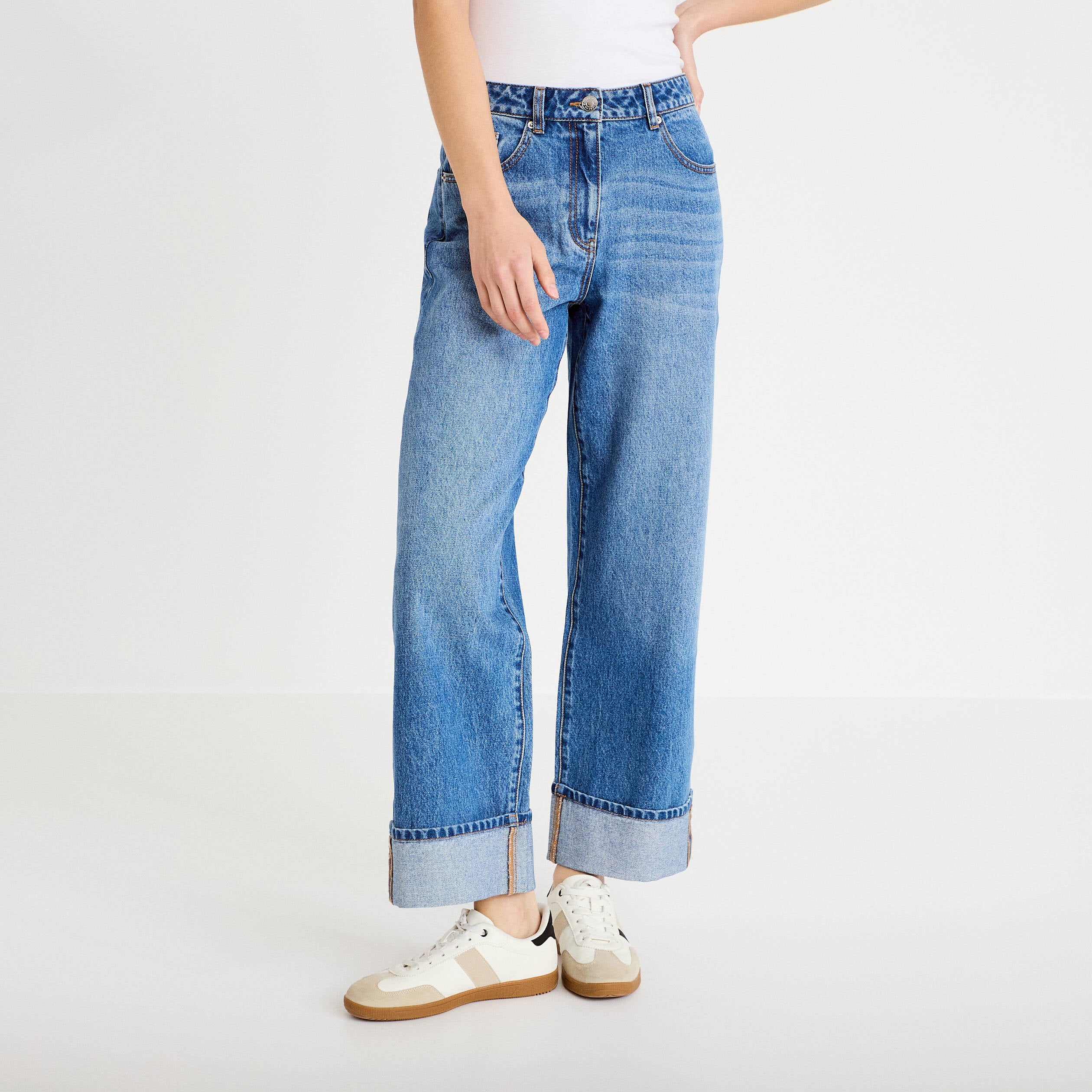 Jeans droit &agrave; revers denim double stone femme