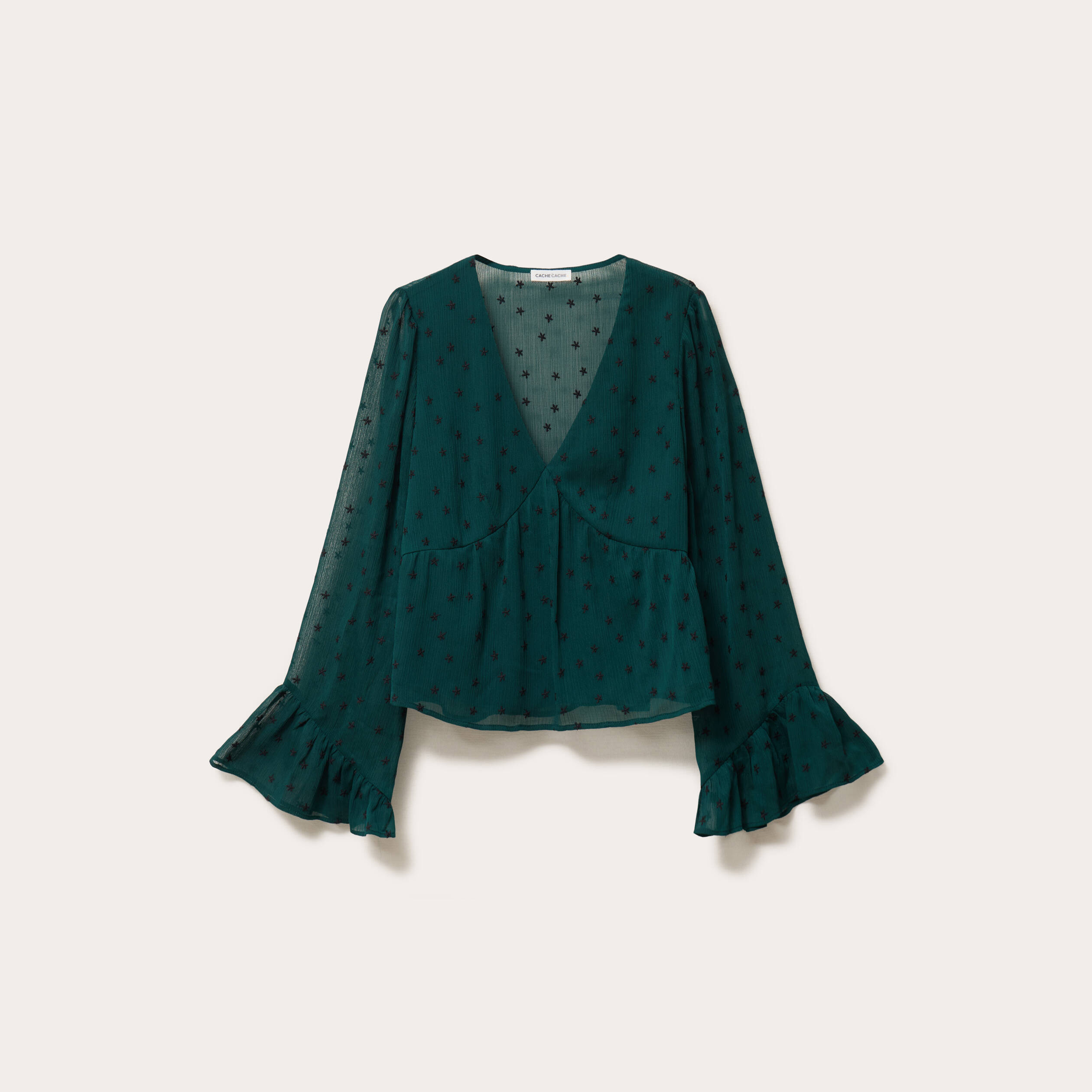 Blouse brod&eacute;e volant&eacute;e vert fonc&eacute; femme