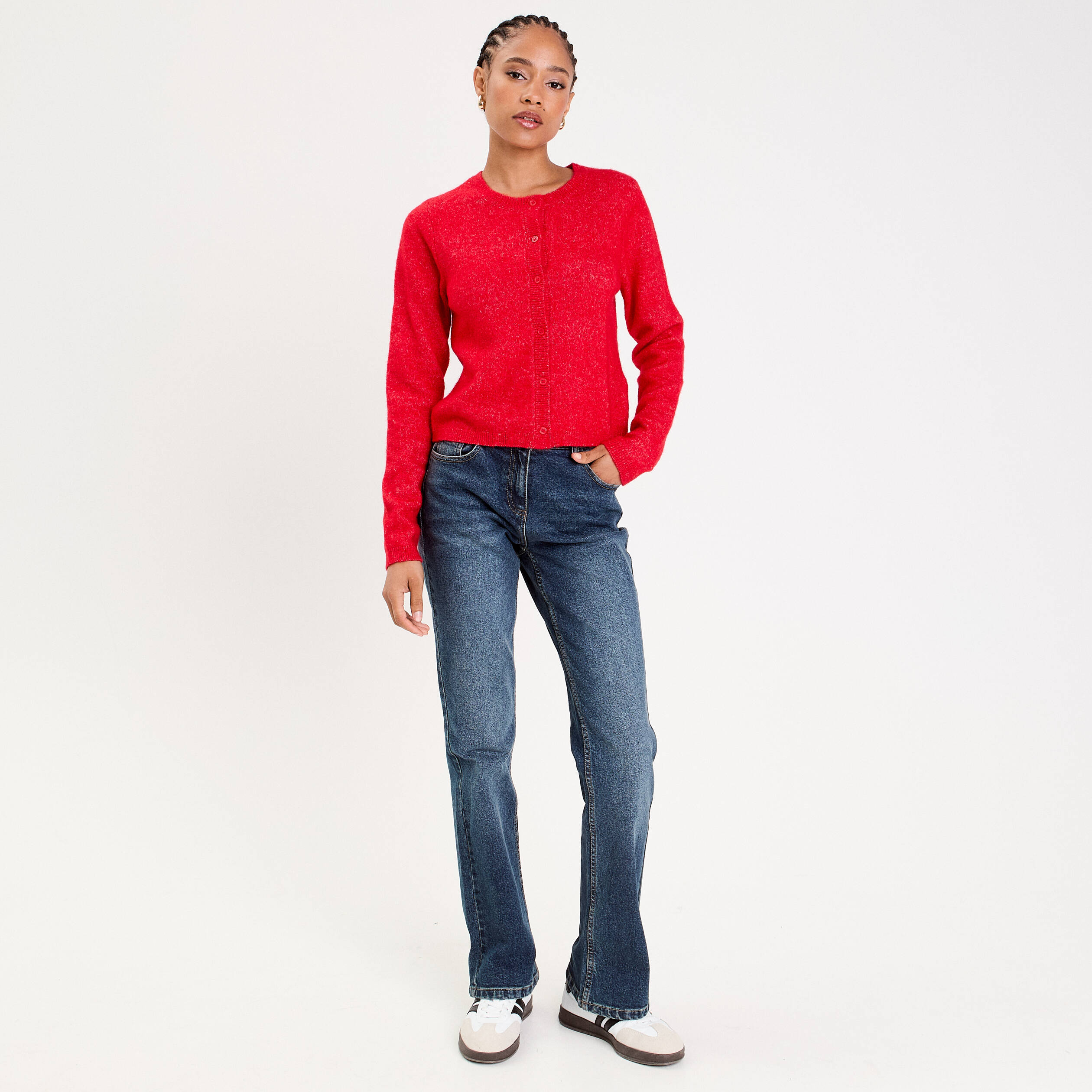 Gilet boutonn&eacute; manches longues rouge femme