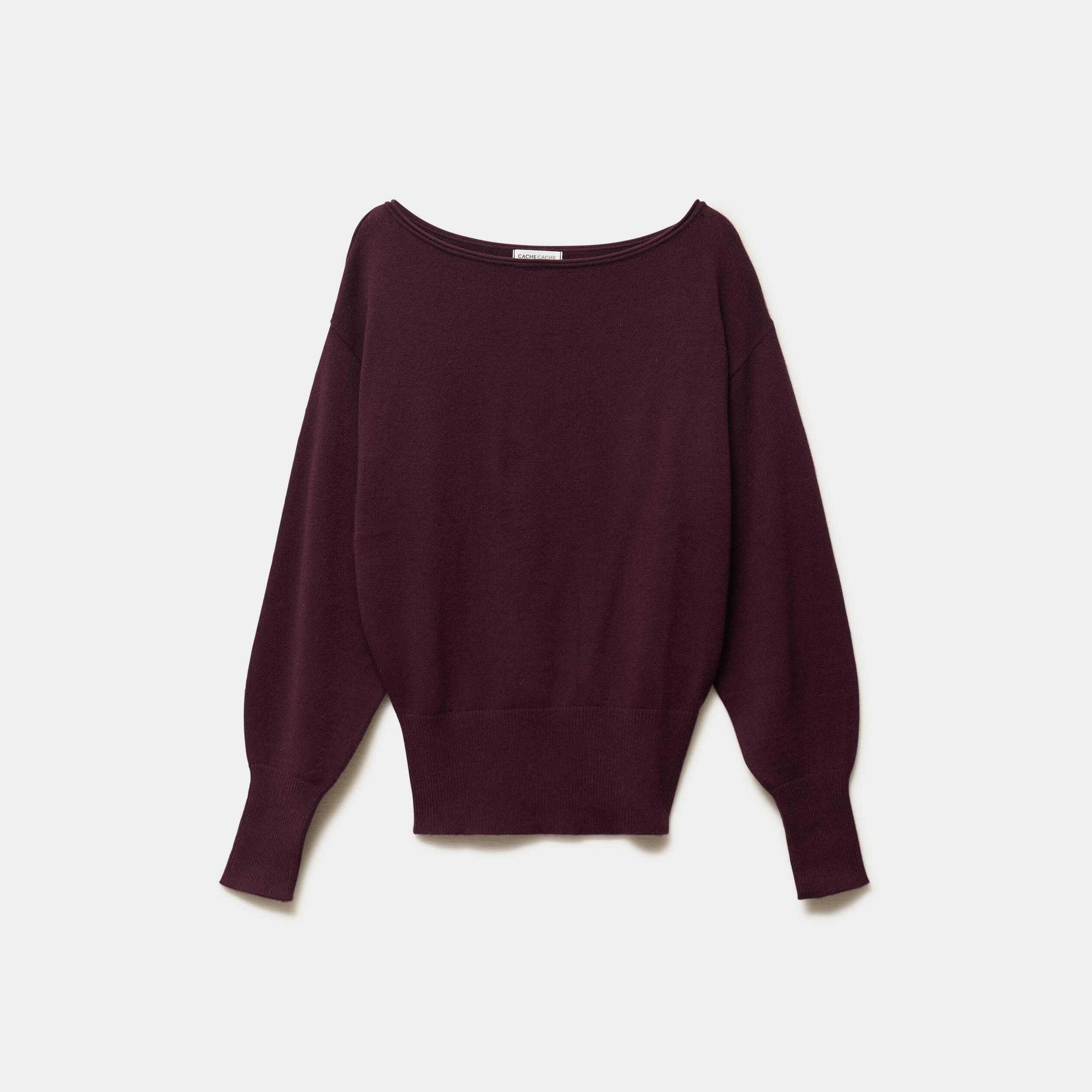 Pull oversize col bateau manches longues prune femme