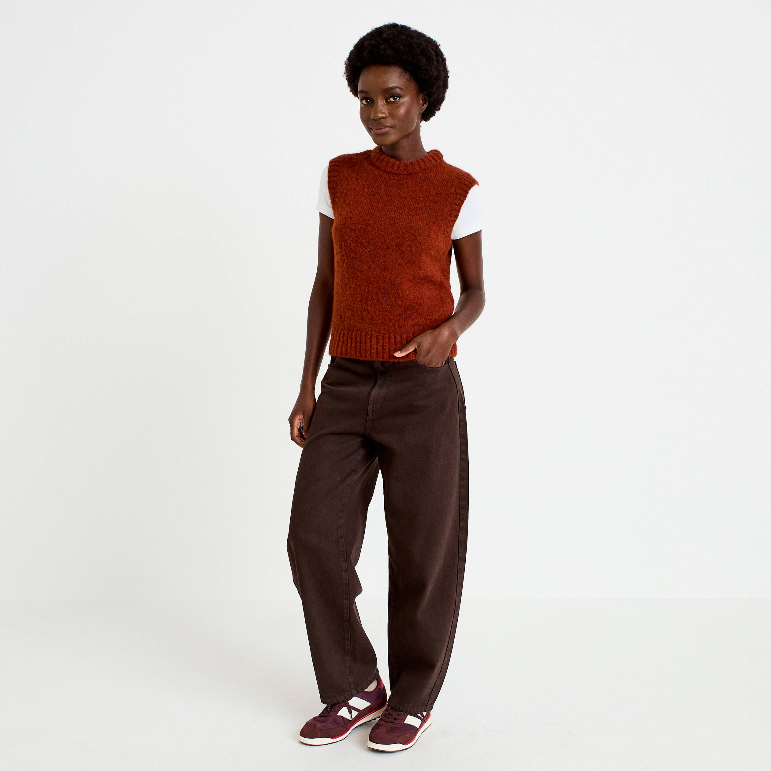 Pull sans manches marron cognac femme