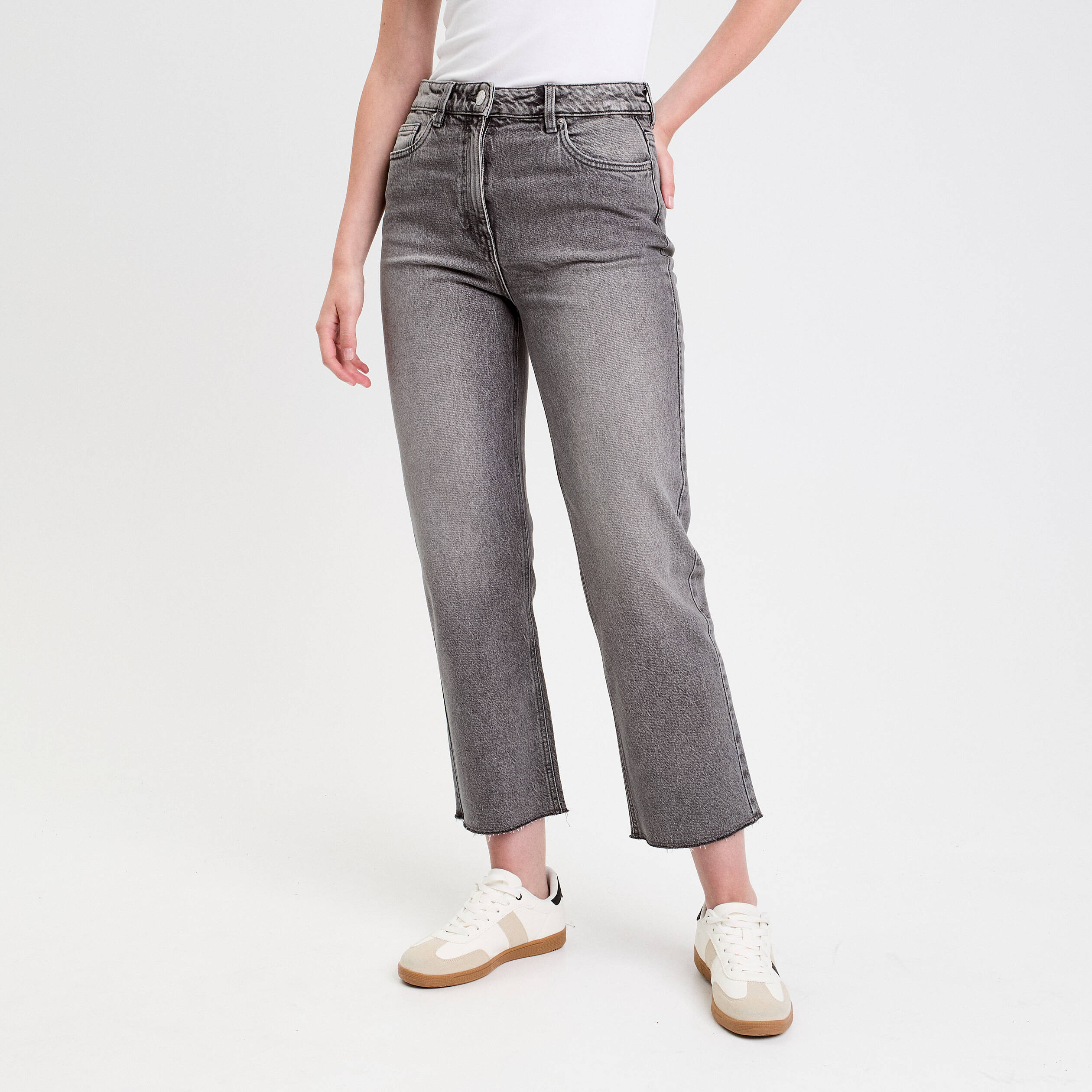 jeans droit taille haute denim gris femme Jeans droit taille haute denim gris femme