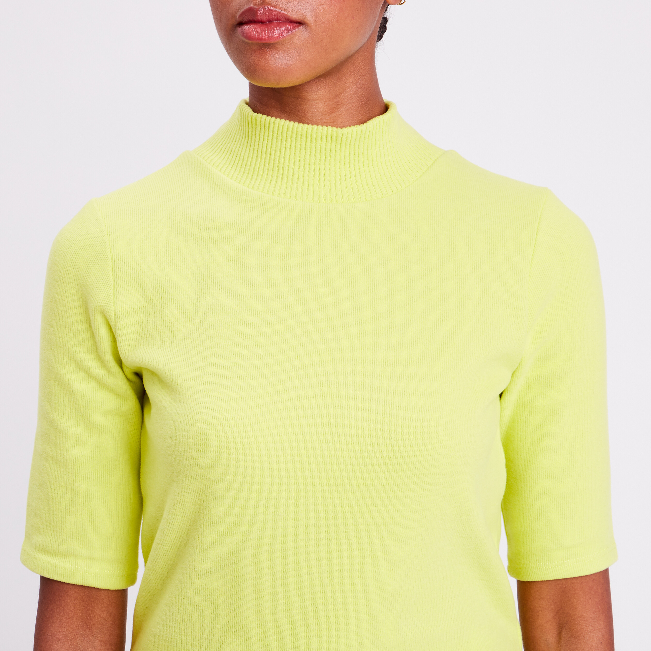 t shirt cotele col montant jaune citron femme T-shirt côtelé col montant jaune citron femme