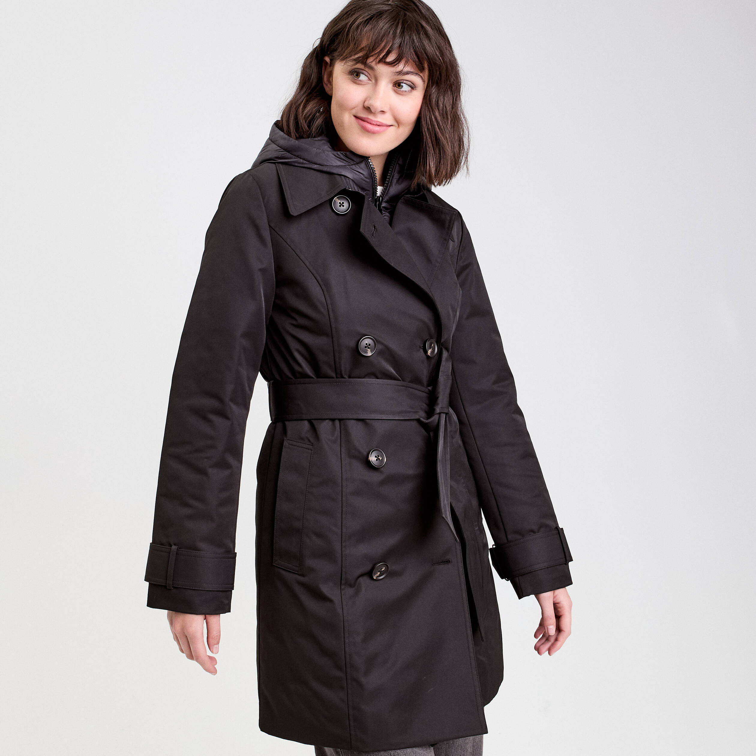 Trench ceinturé avec capuche noir femme Vibs
