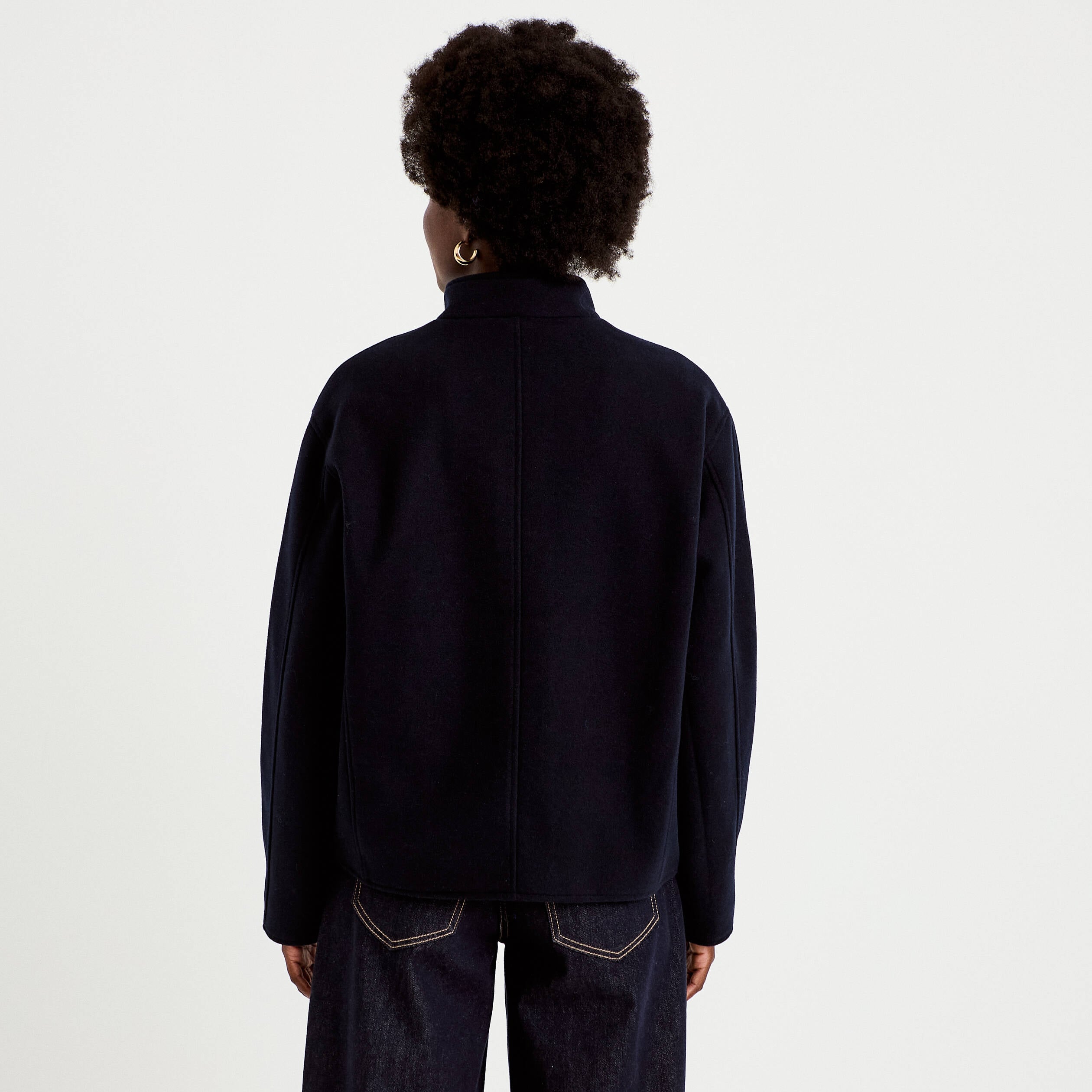 Veste droite col mao manches longues bleu marine femme