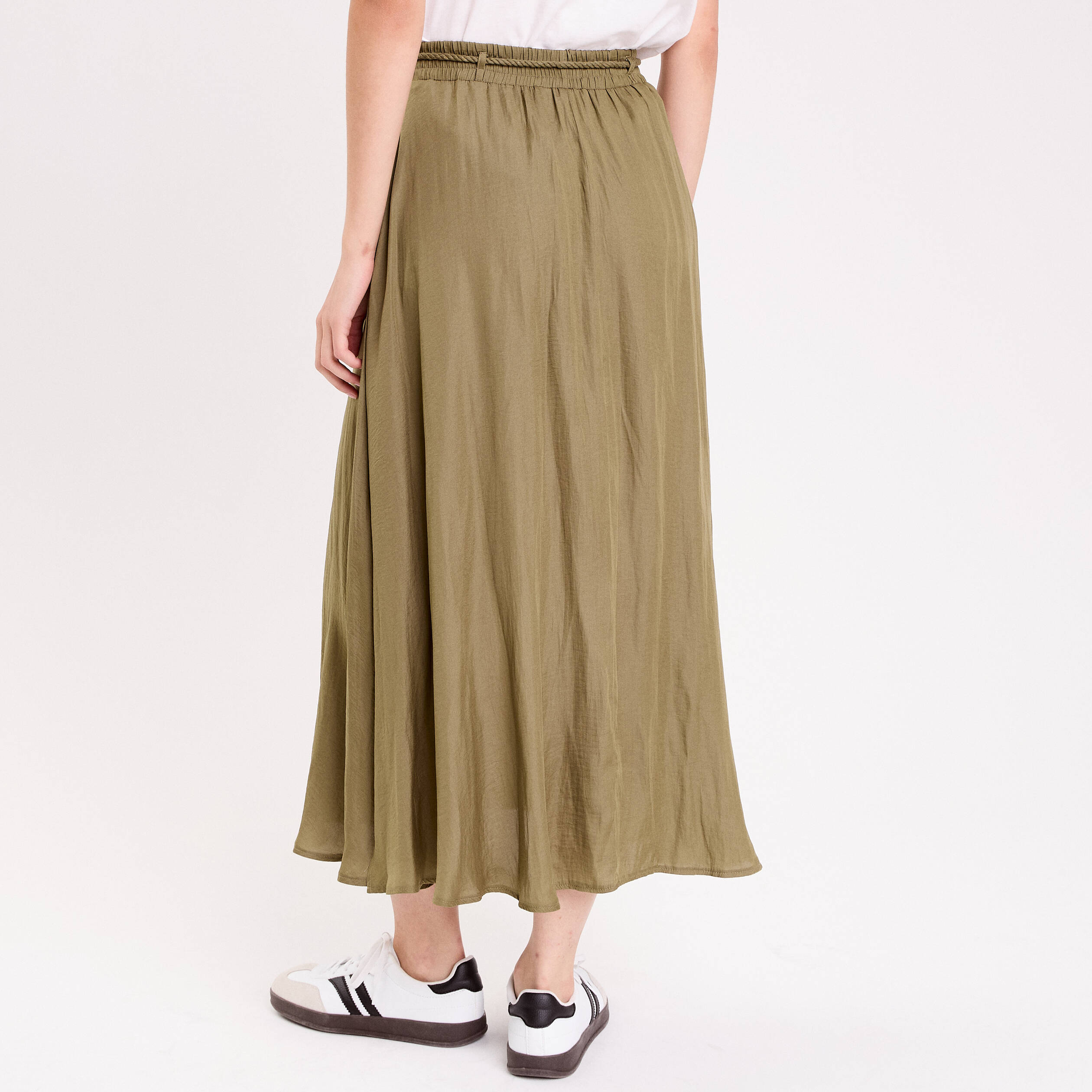 Jupe longue évasée satin vert kaki femme Vibs - Main Image