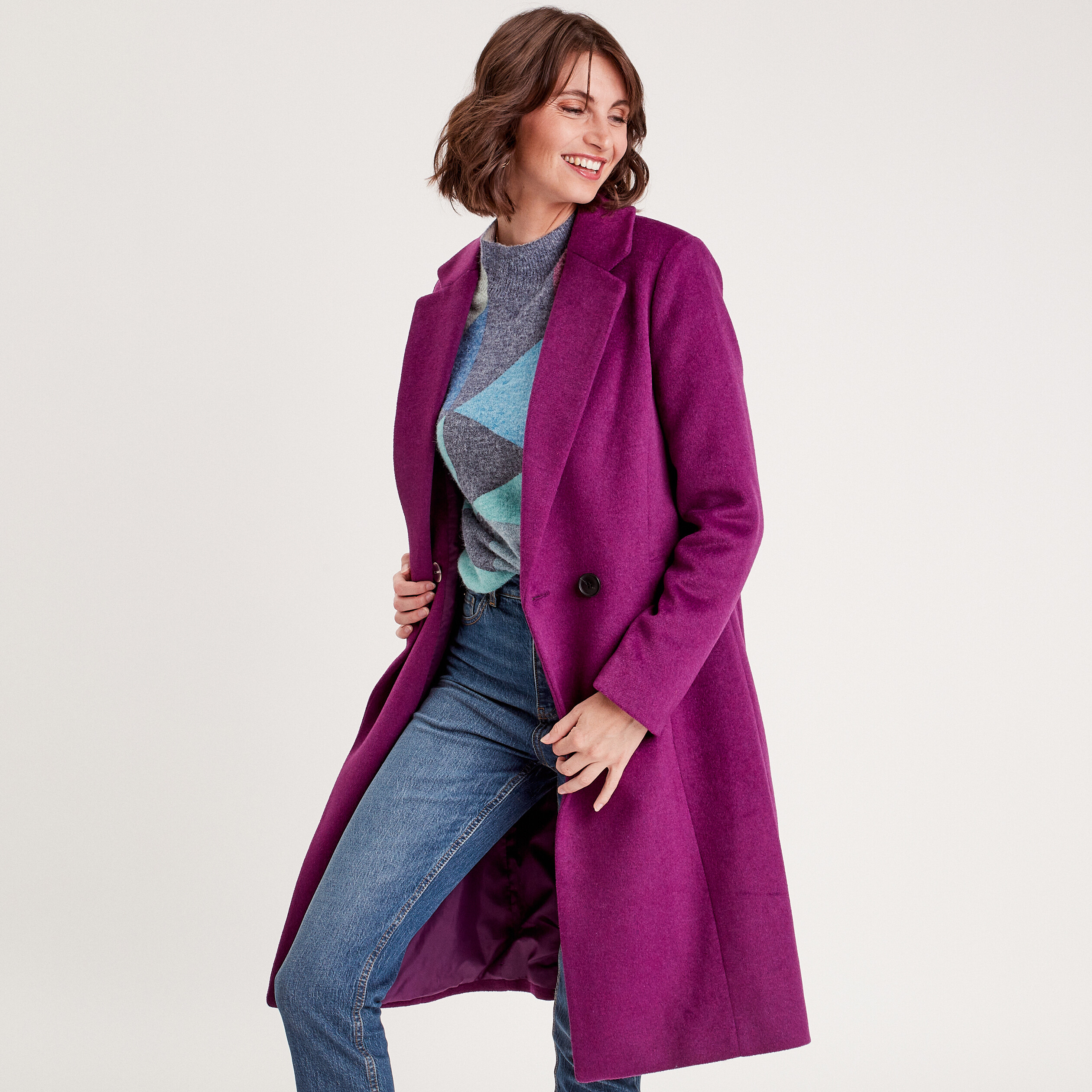 Manteau cintré boutonné violet foncé femme