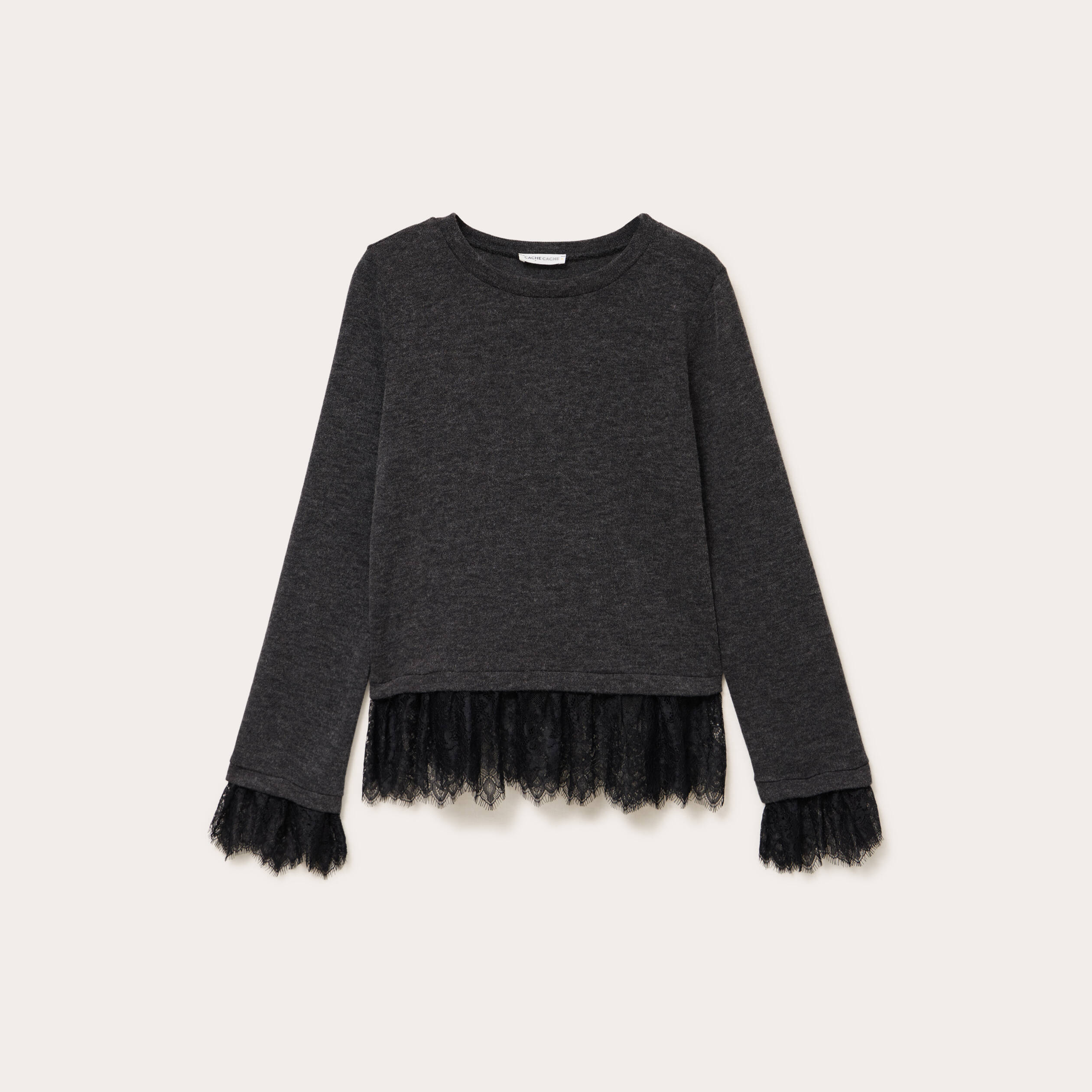 Pull d&eacute;tails de dentelle gris fonc&eacute; femme