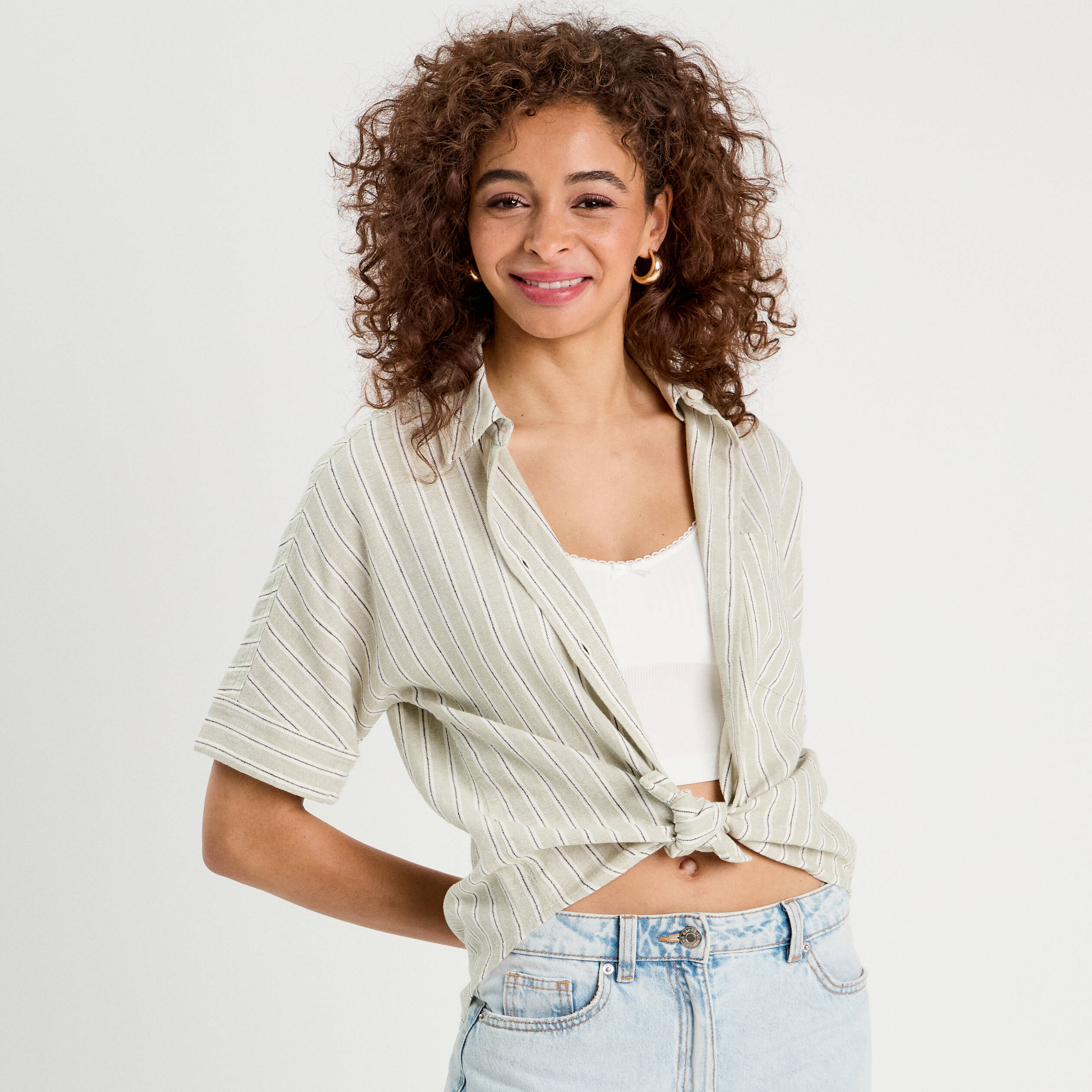 Chemise manches courtes contenant du lin vert femme