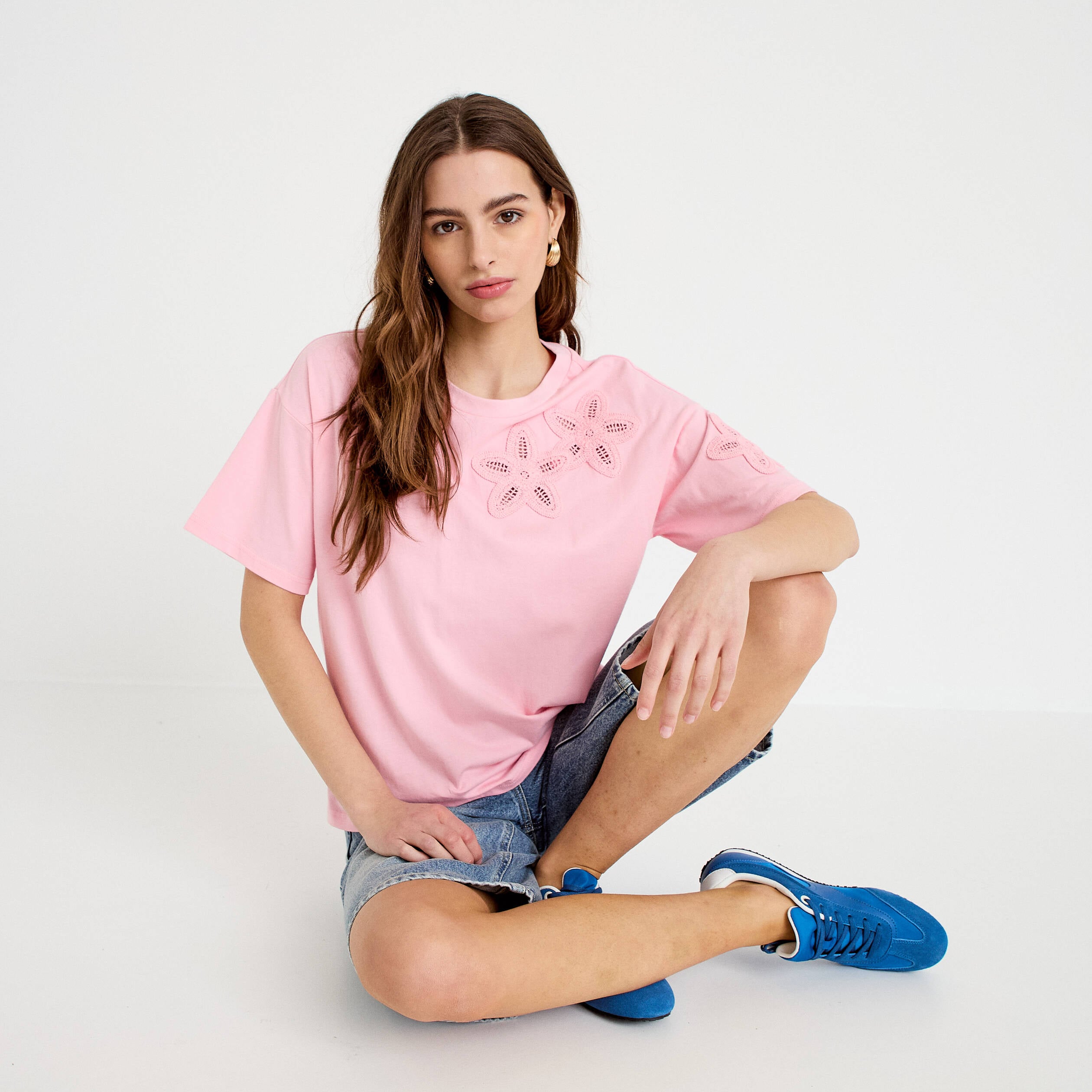 T-shirt col rond manches courtes rose corail femme