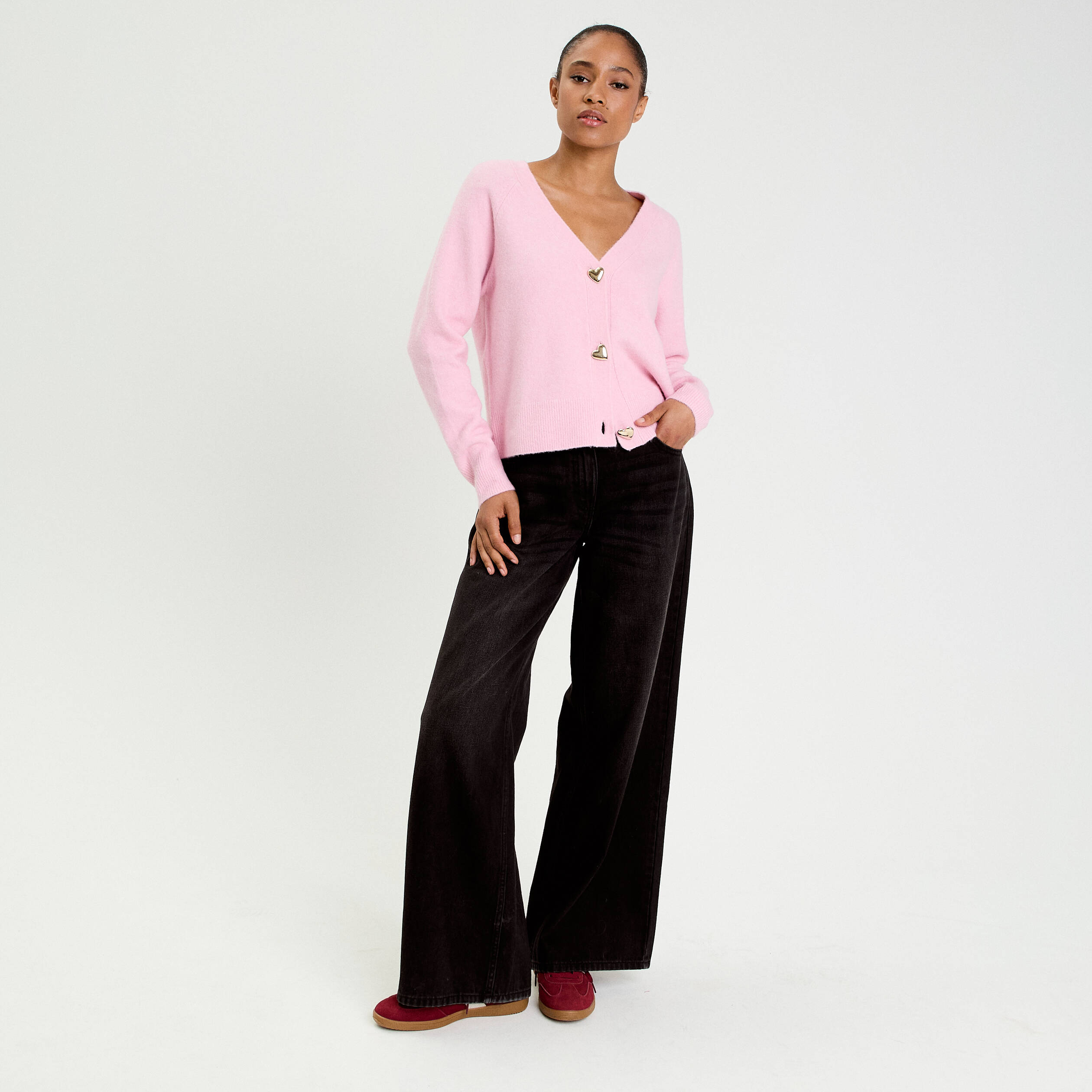 Gilet boutons coeur rose poudr&eacute;e femme