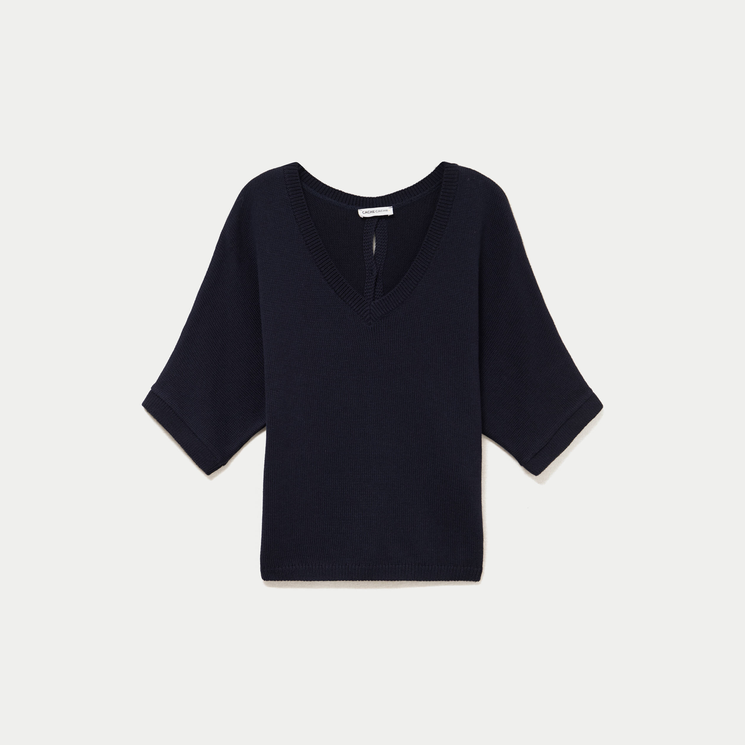 Pull ample col v manches courtes bleu marine femme