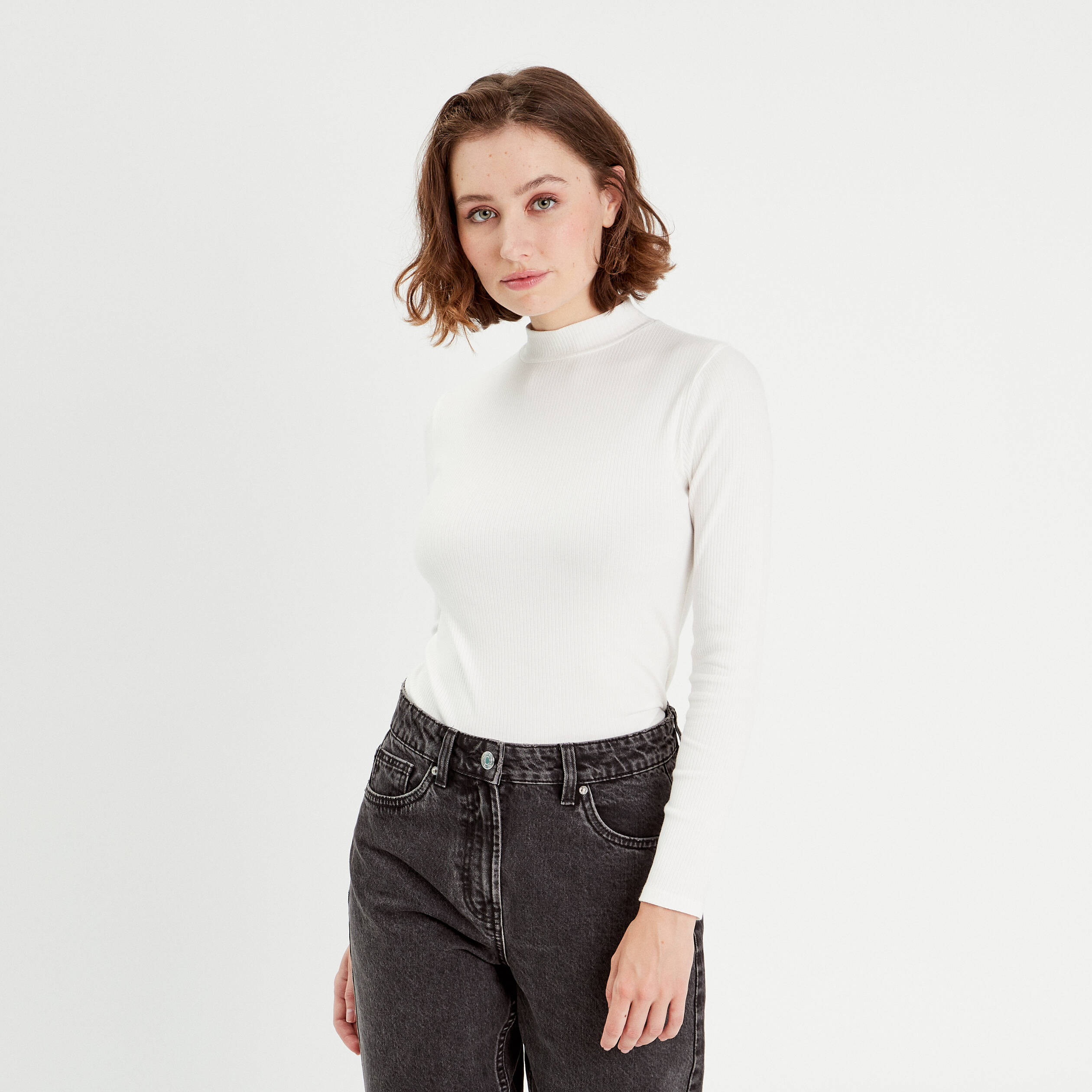 t shirt manches longues cotele ecru femme T-shirt manches longues côtelé ecru femme