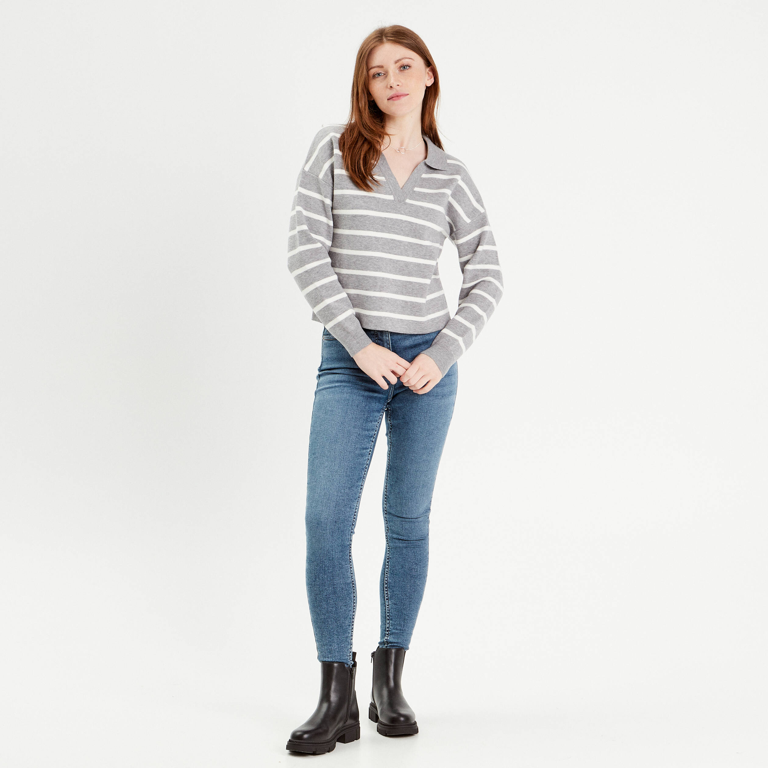 Pull manches longues col polo gris clair femme