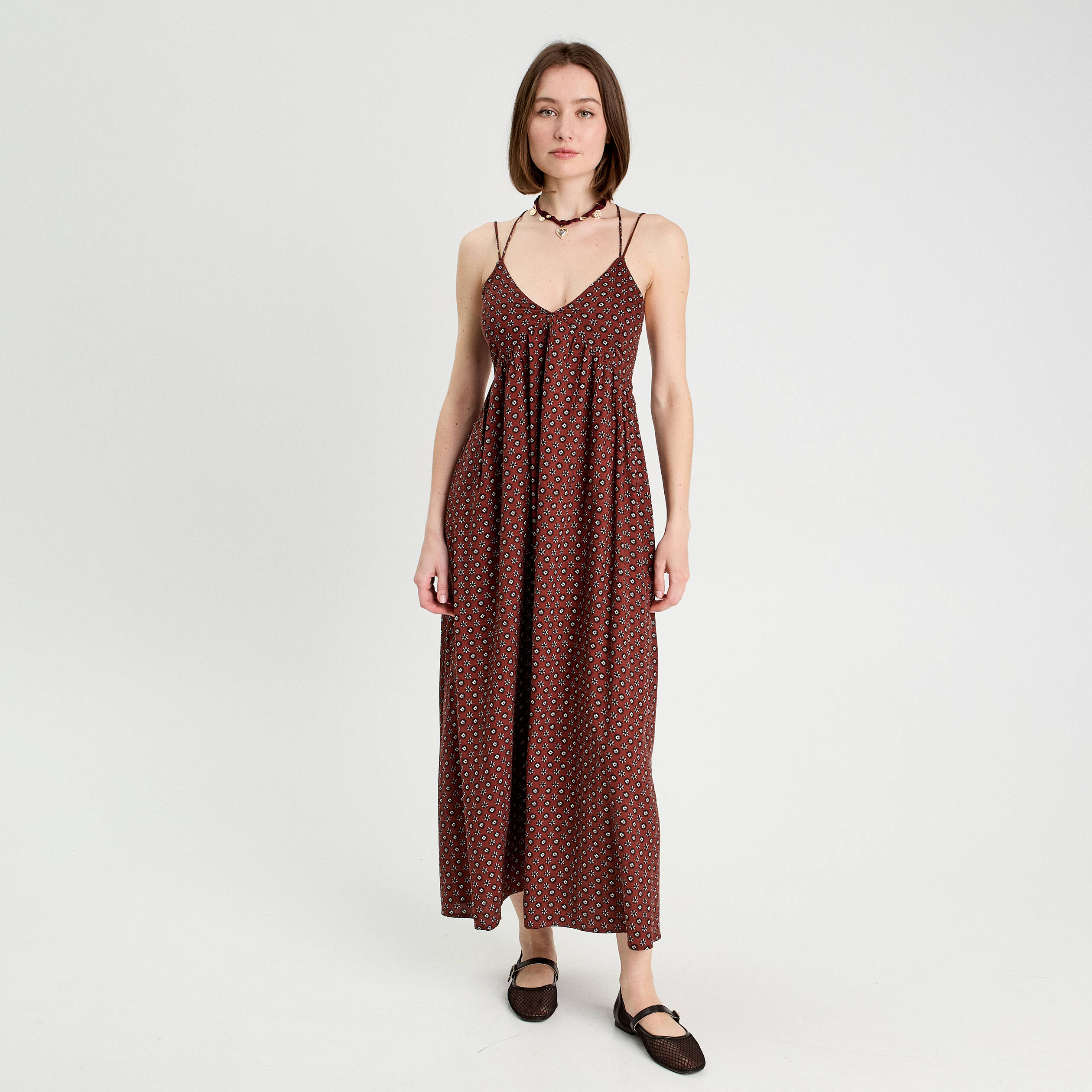 robe longue evasee bretelles marron cognac femme Robe longue évasée bretelles marron cognac femme