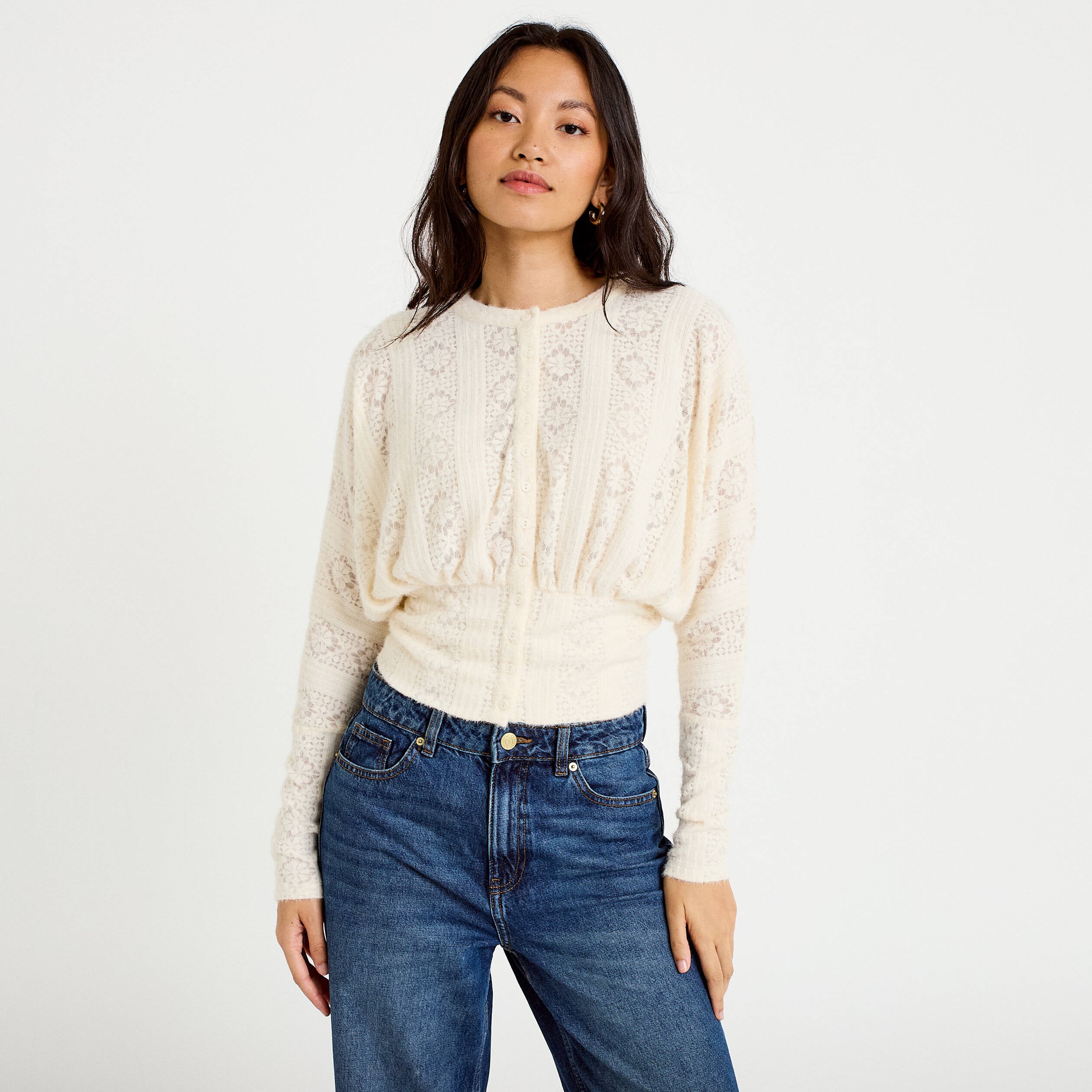 Gilet cintr&eacute; dentelle col rond ivoire femme