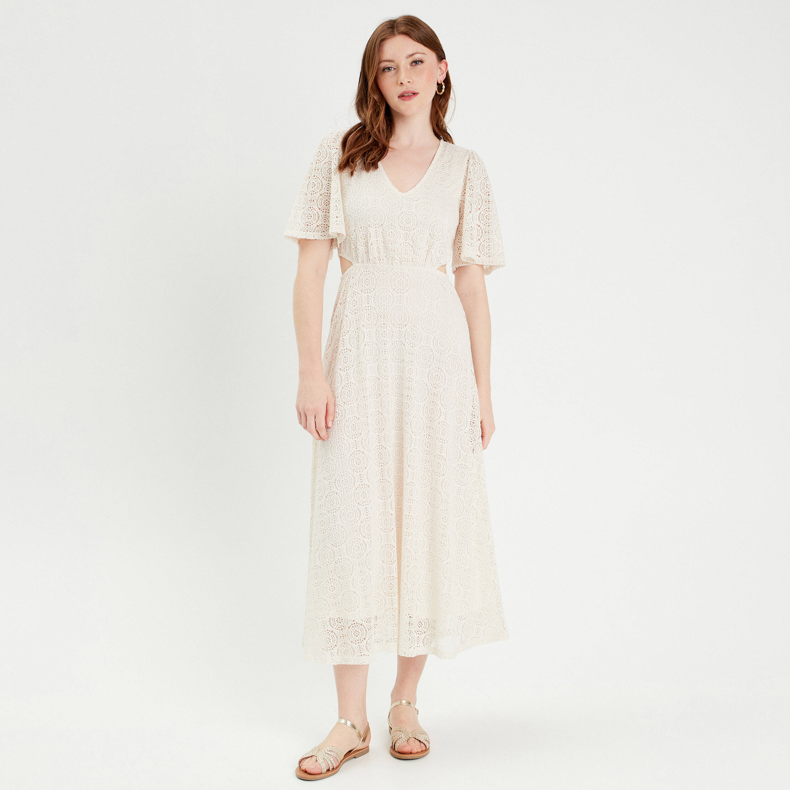 Robe longue &eacute;vas&eacute;e dentelle ecru femme