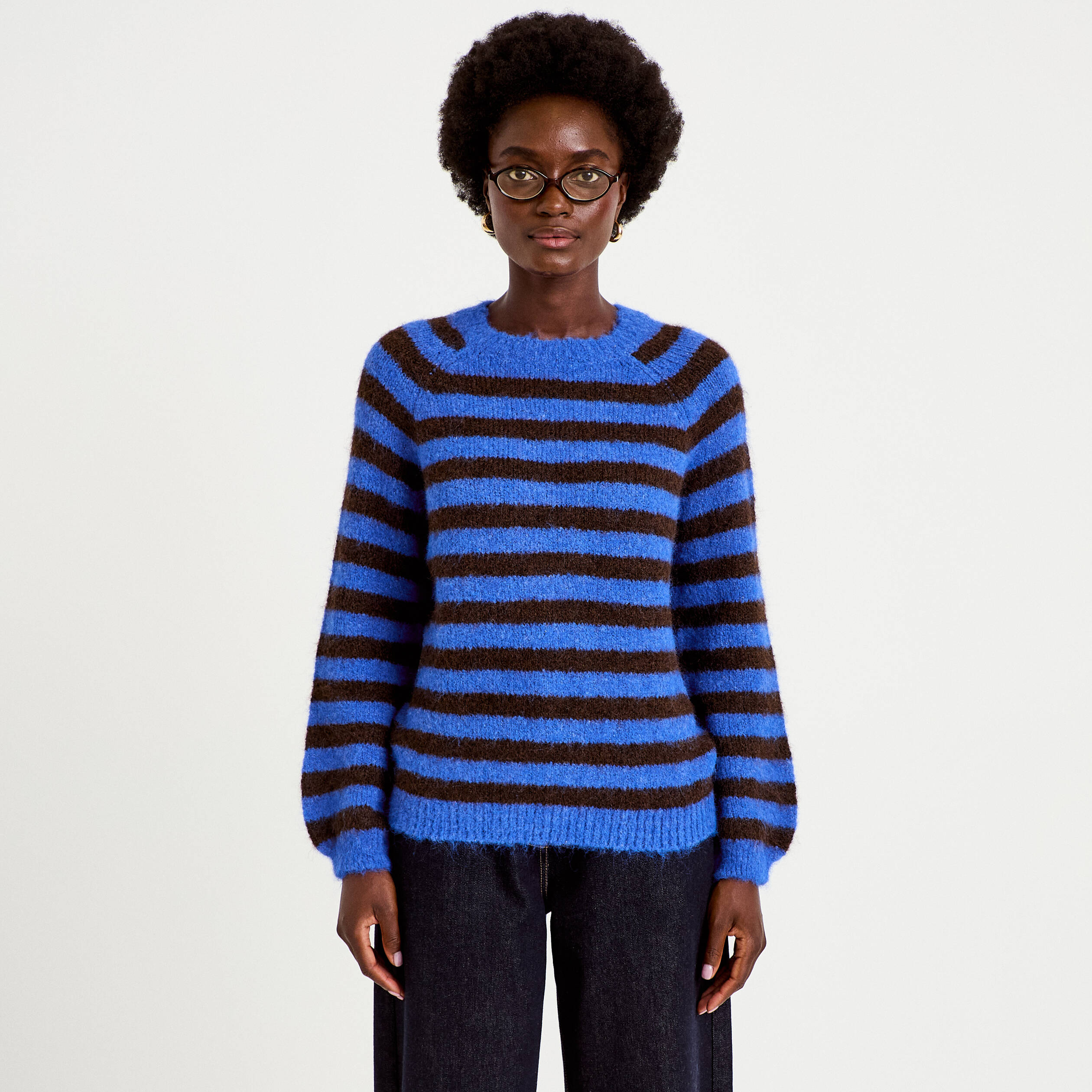 Pull ample col rond manches longues bleu electrique femme