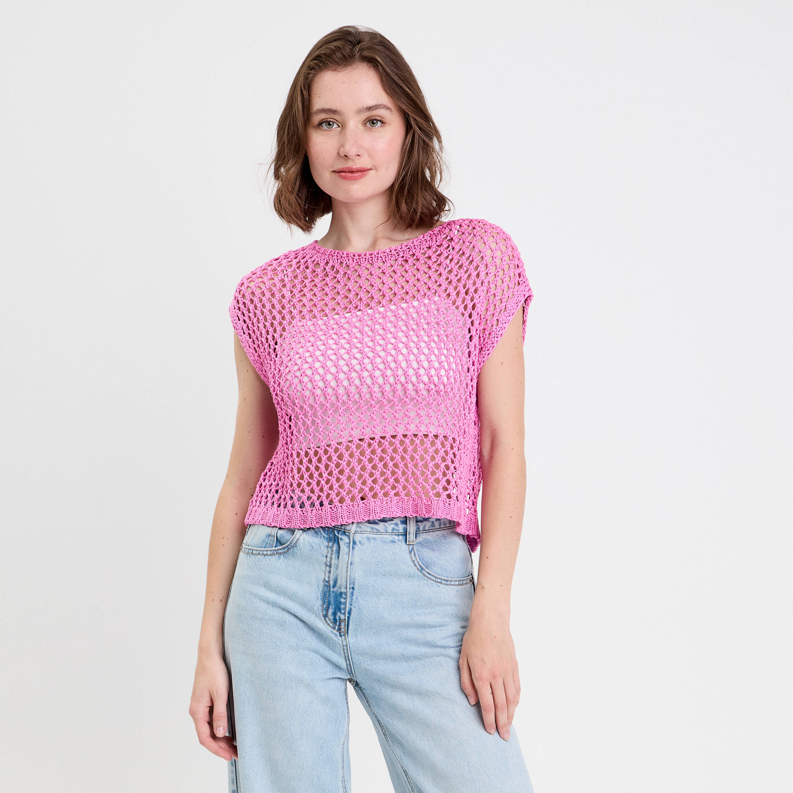 debardeur ajoure aspect dentelle rose femme Débardeur ajouré aspect dentelle rose femme