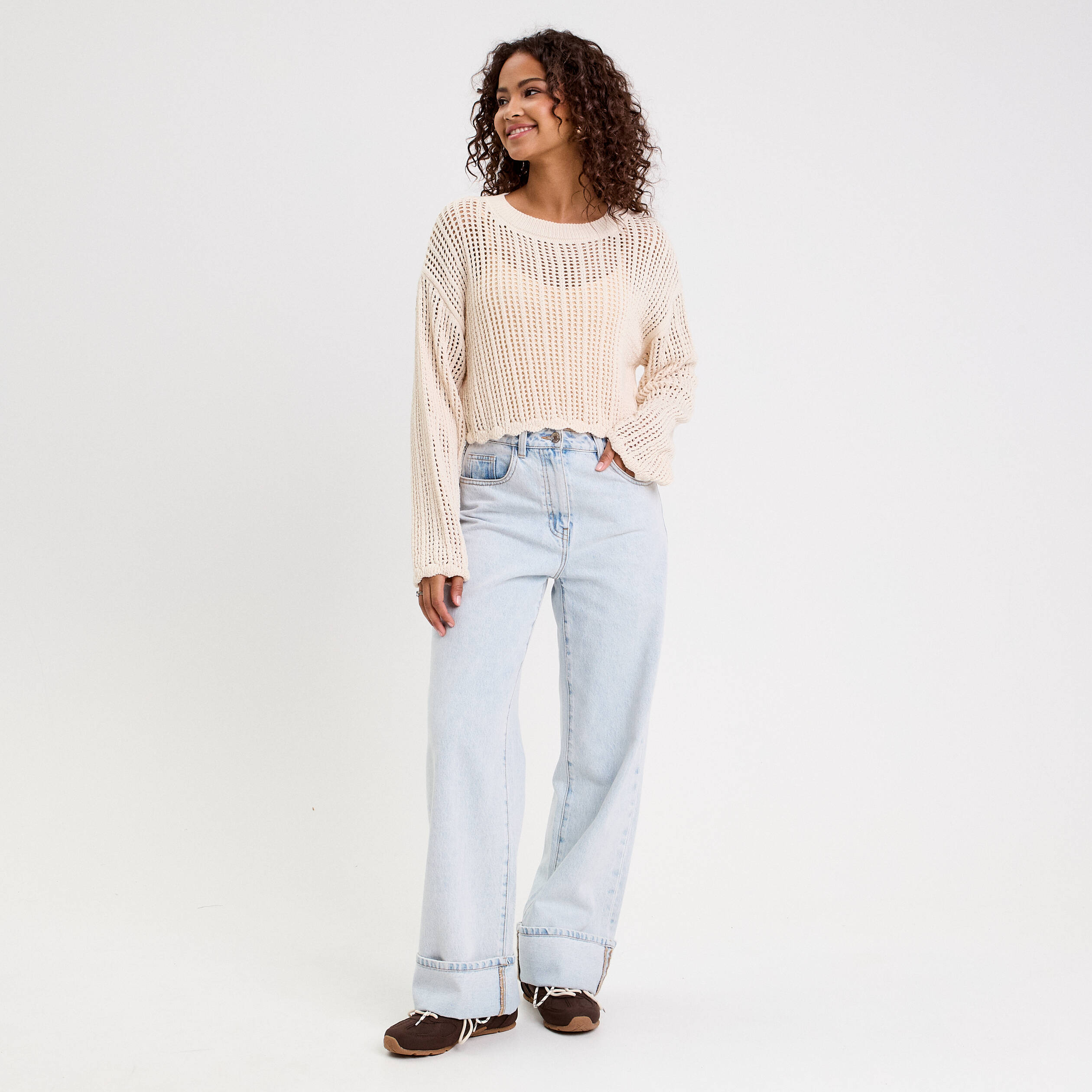 pull ajoure col rond manches longues ecru femme Pull ajouré col rond manches longues ecru femme