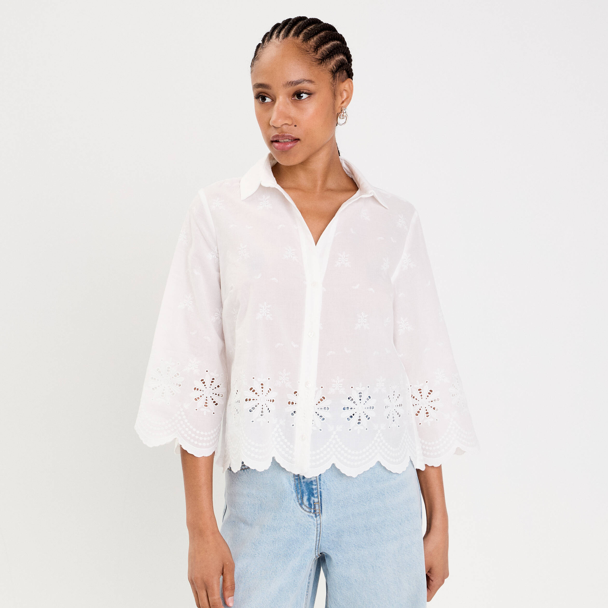 Blouse droite courte col chemise ecru femme Vibs