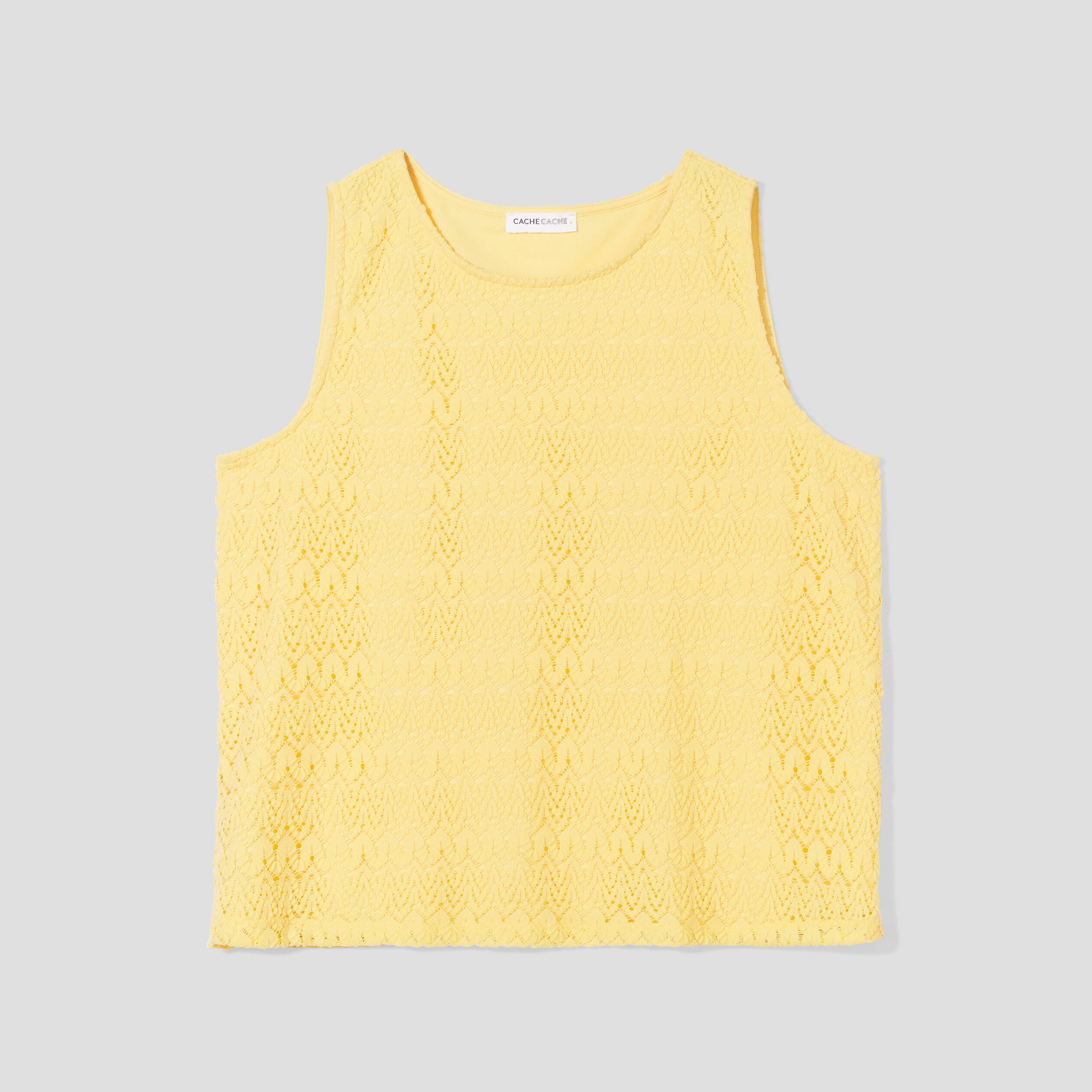 debardeur aspect crochet jaune pastel femme Débardeur aspect crochet jaune pastel femme