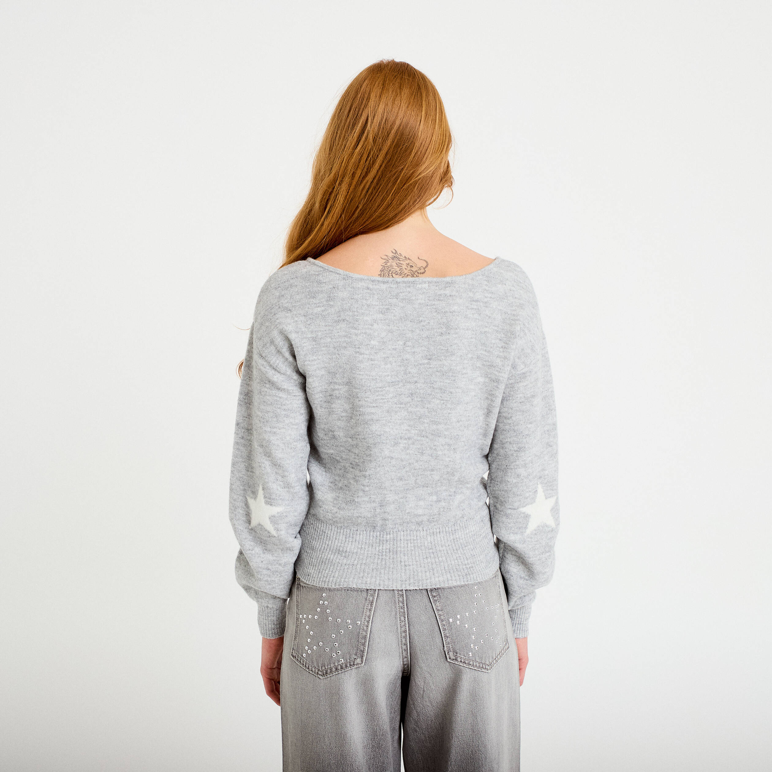 Pull col bateau manches longues gris clair femme