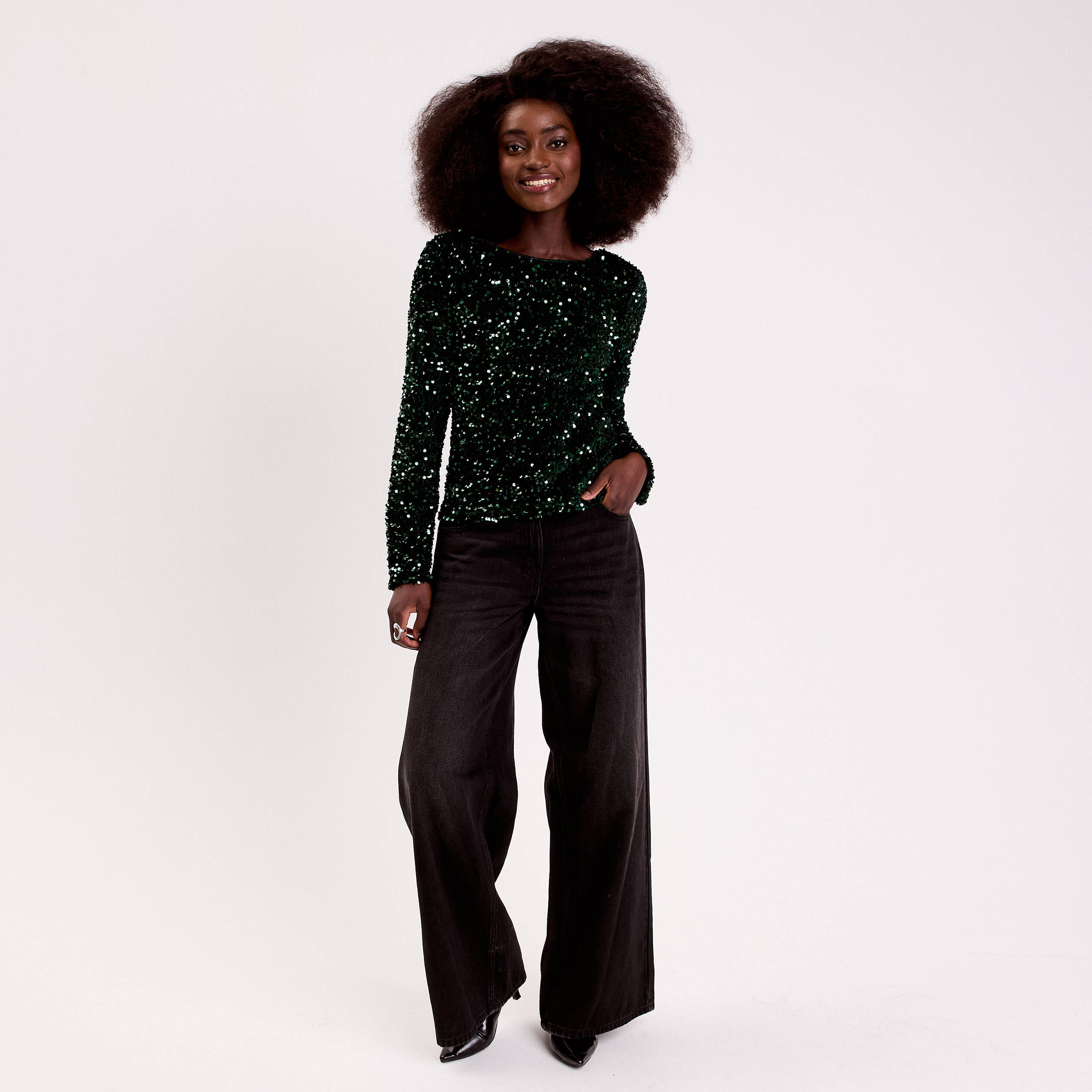 Blouse &agrave; sequins dos nou&eacute; vert fonc&eacute; femme