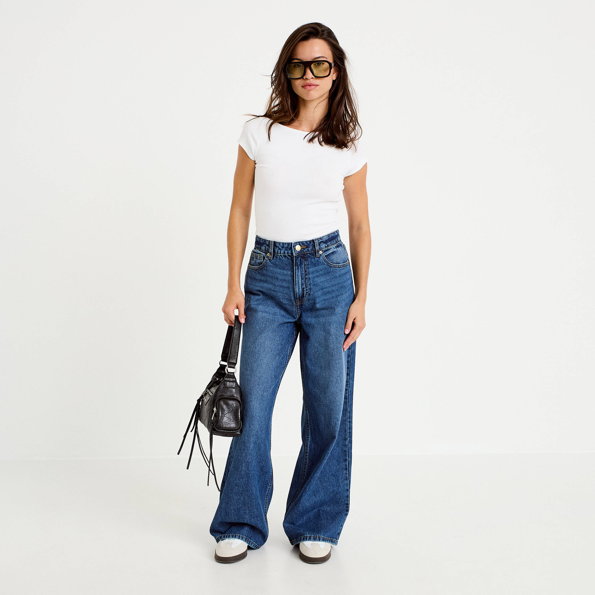 Jean wide leg taille haute Petite bleu fonc&eacute; femme