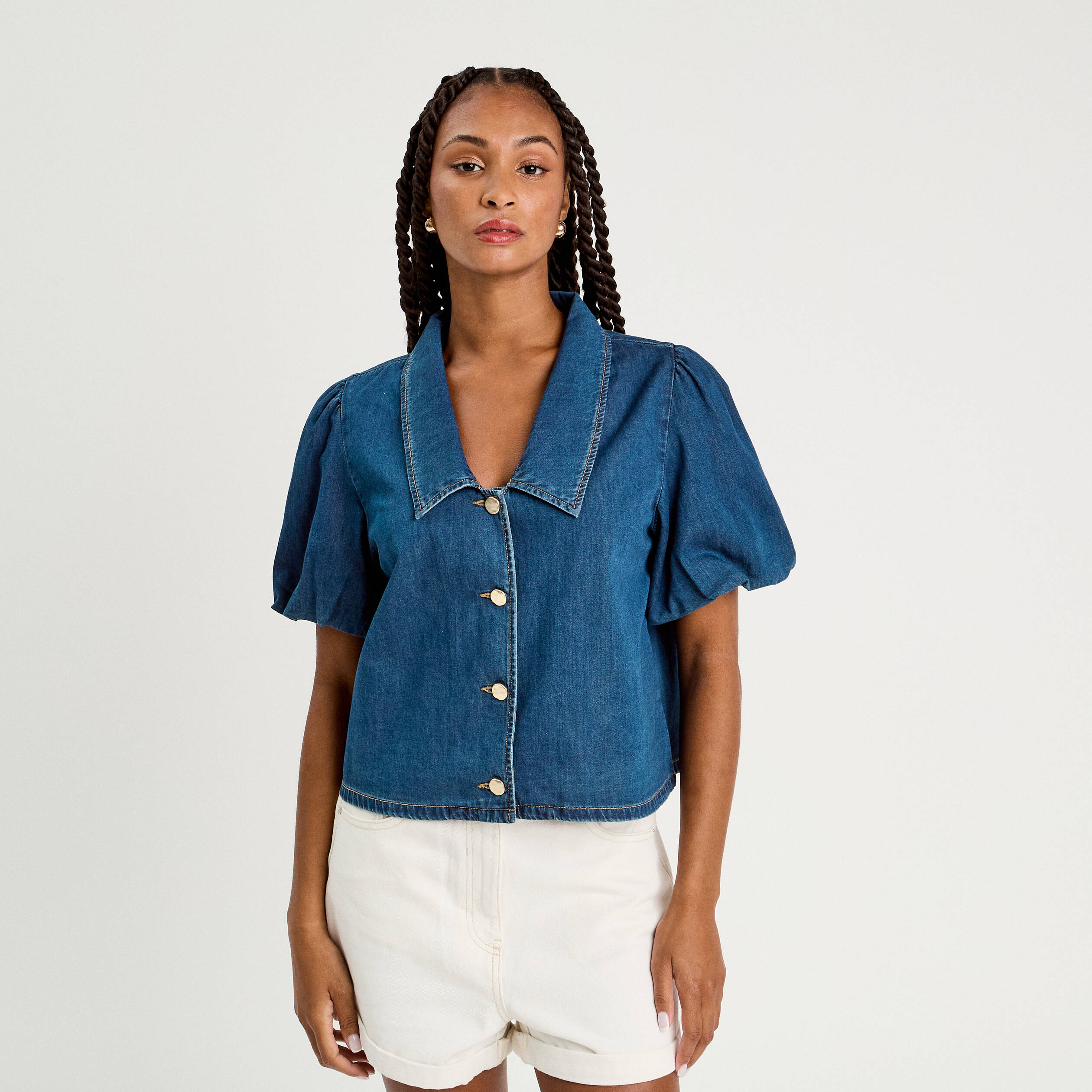 blouse manches courtes en jean denim stone femme Blouse manches courtes en jean denim stone femme