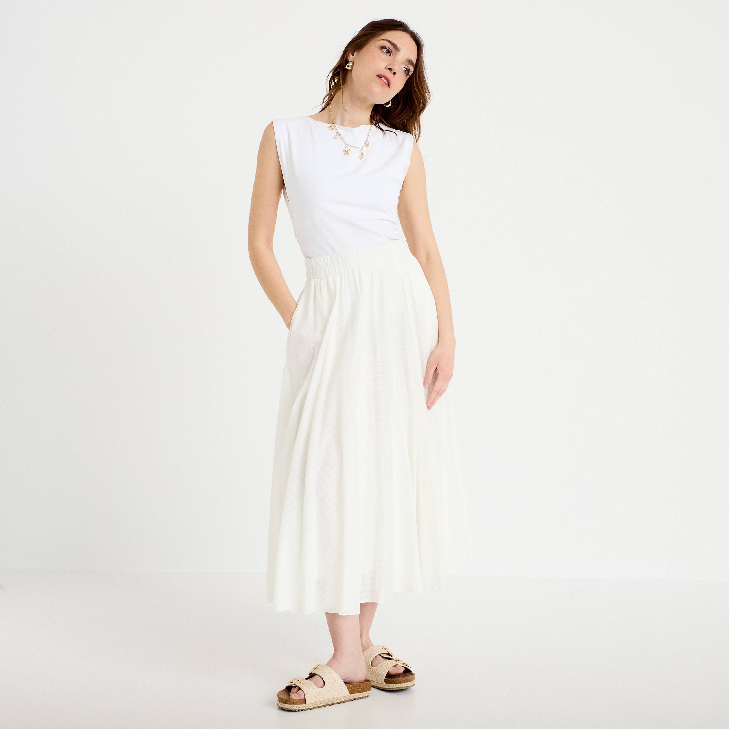 Jupe longue &eacute;vas&eacute;e ecru femme