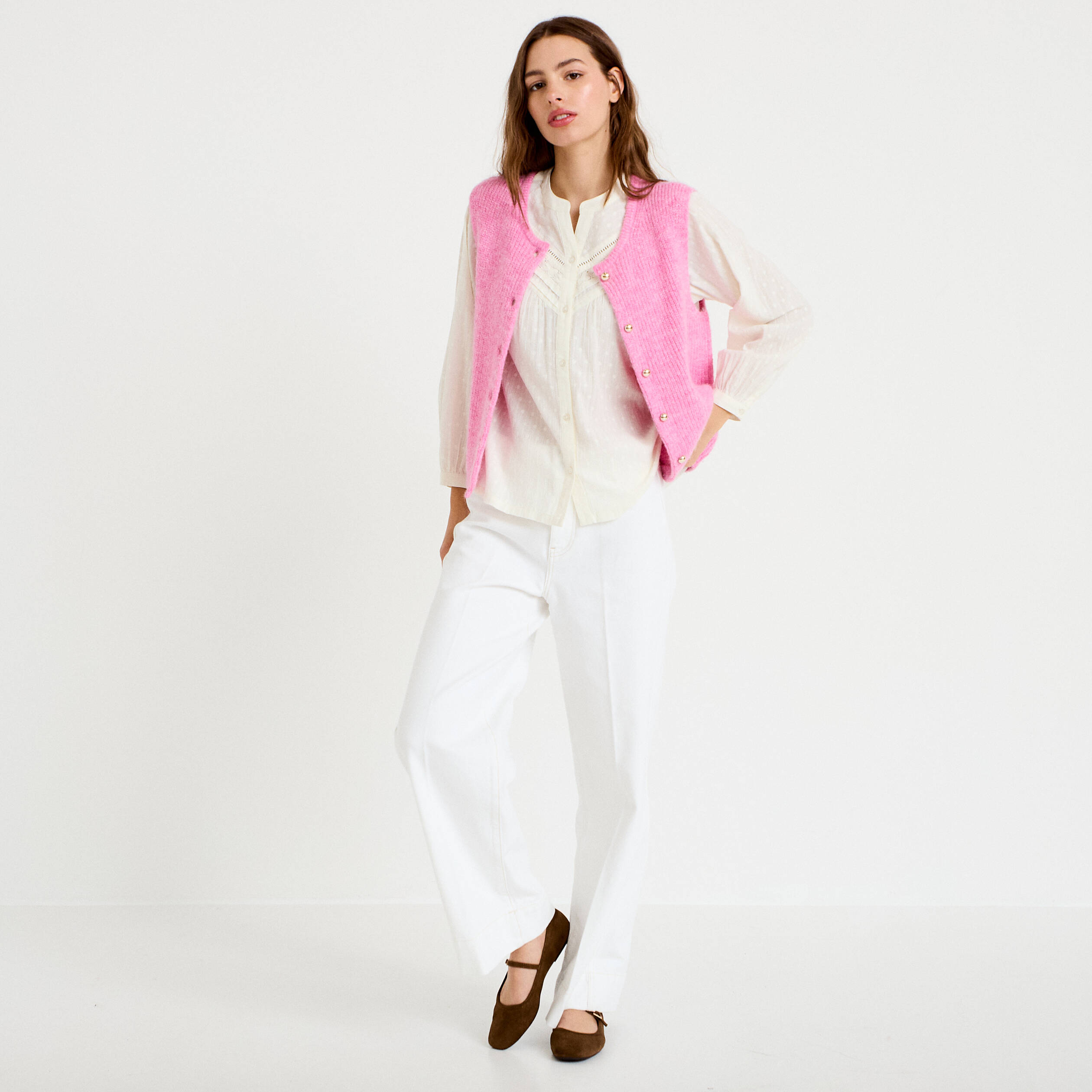 Blouse droite col rond manches longues ecru femme