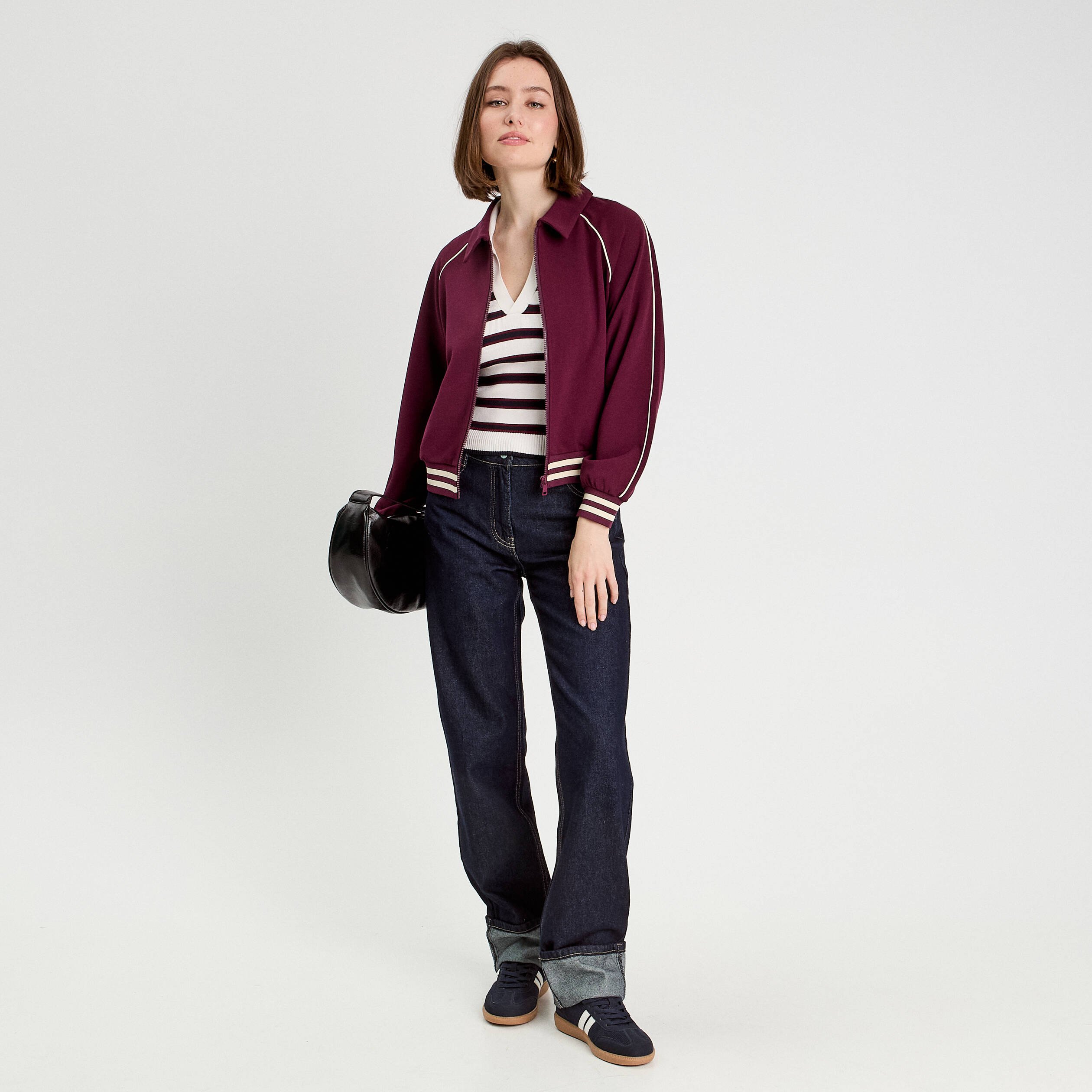 Sweat zippé manches longues prune femme