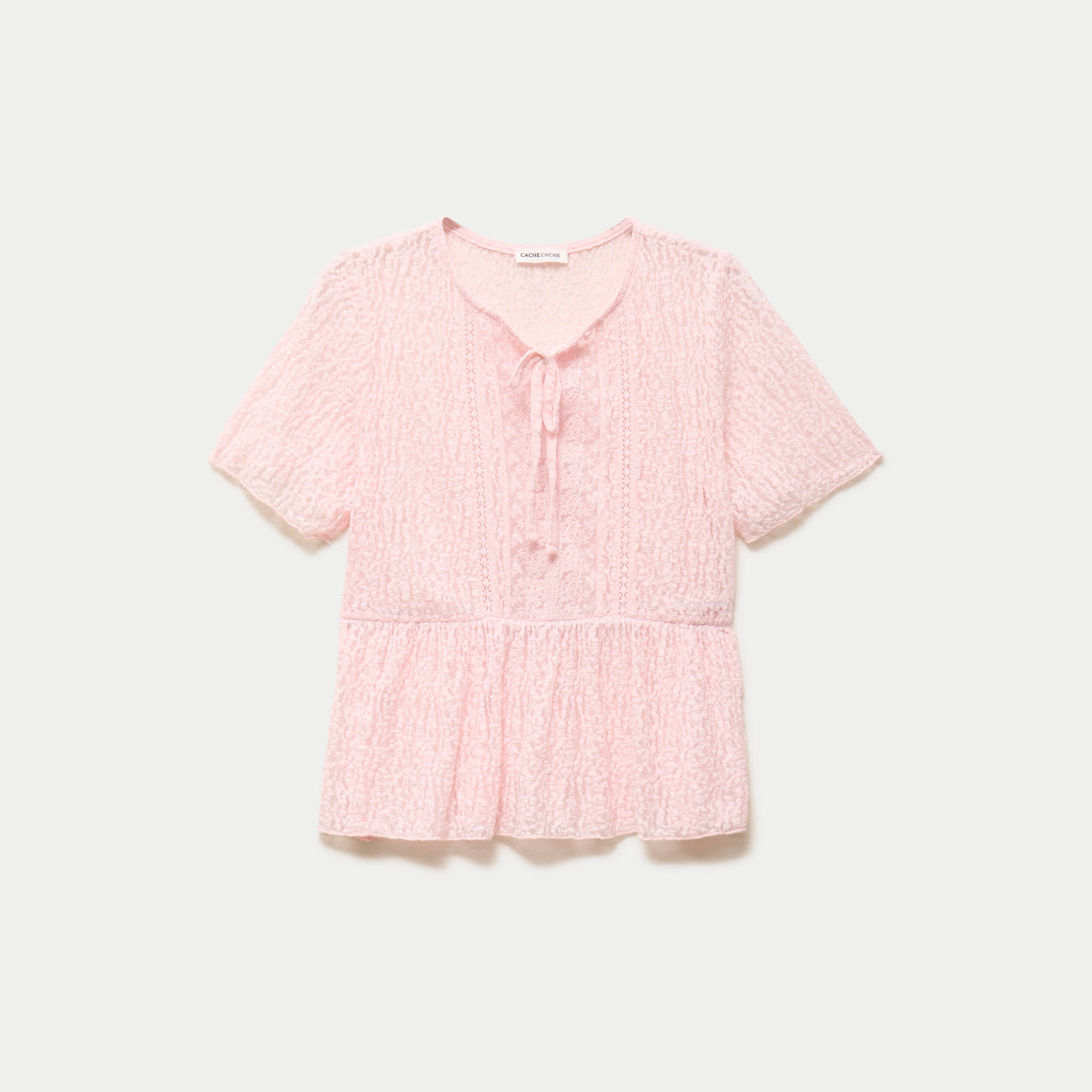 Blouse dentelle col rond manches courtes rose clair femme