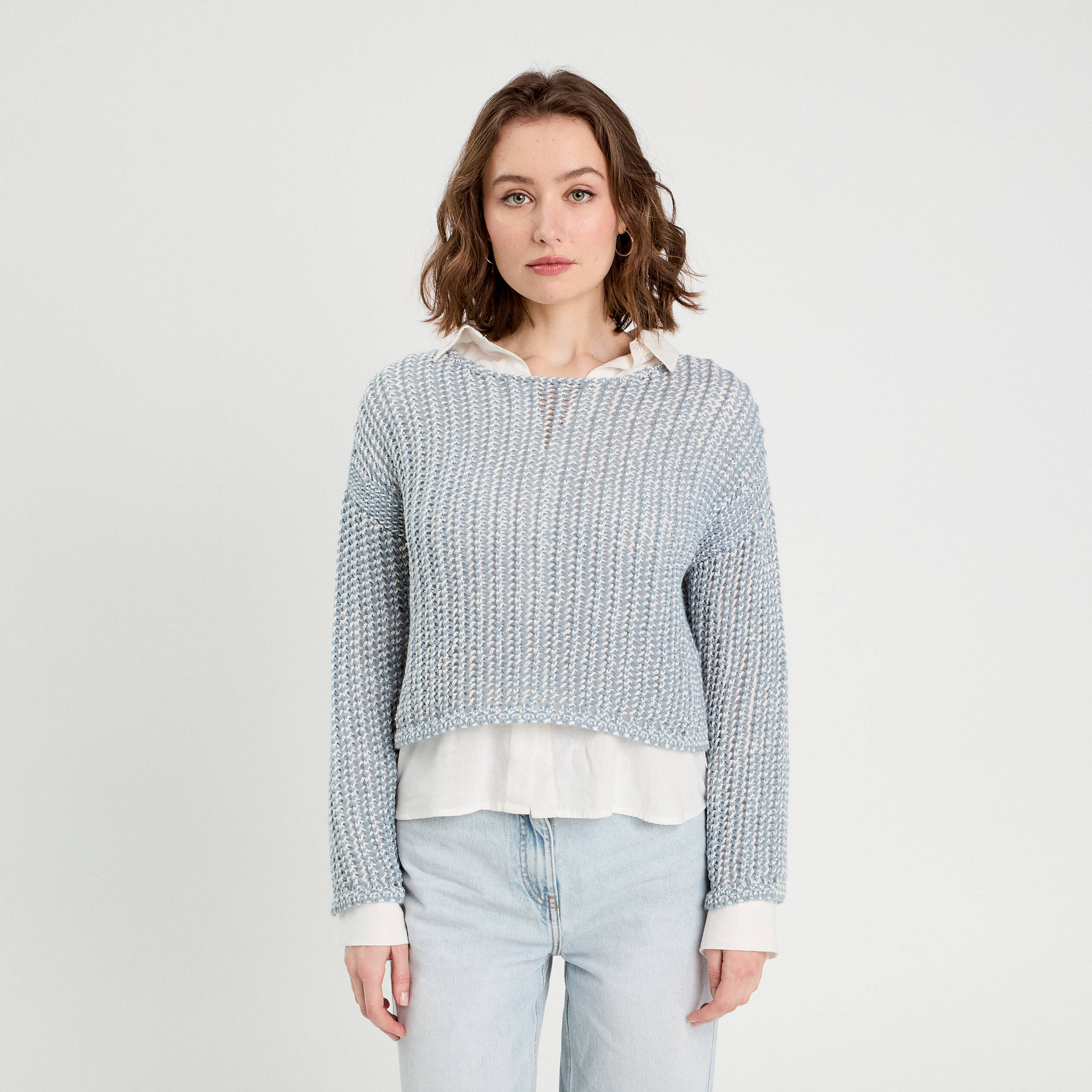 Pull manches longues ajouré bleu pastel femme