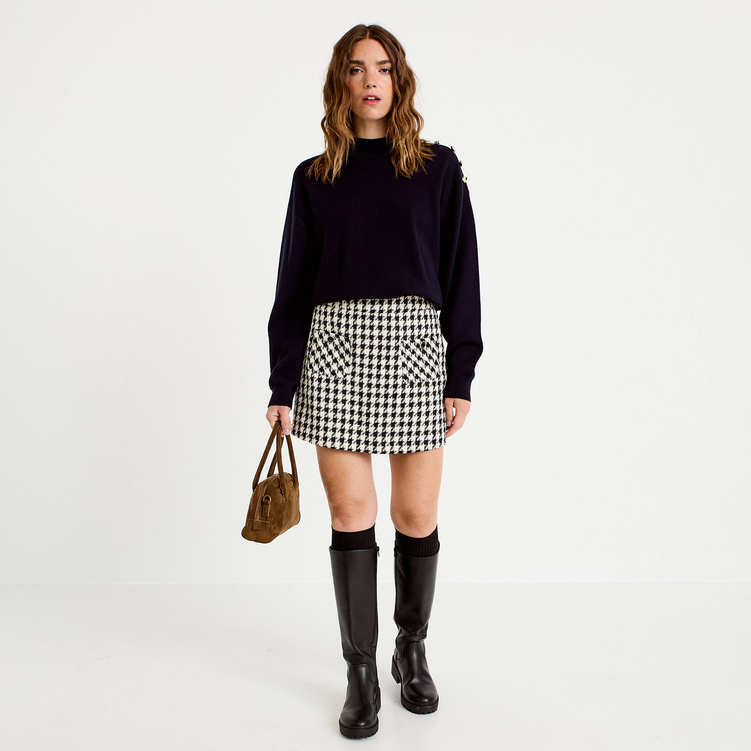 Jupe-short trap&egrave;ze tweed taille haute noir femme