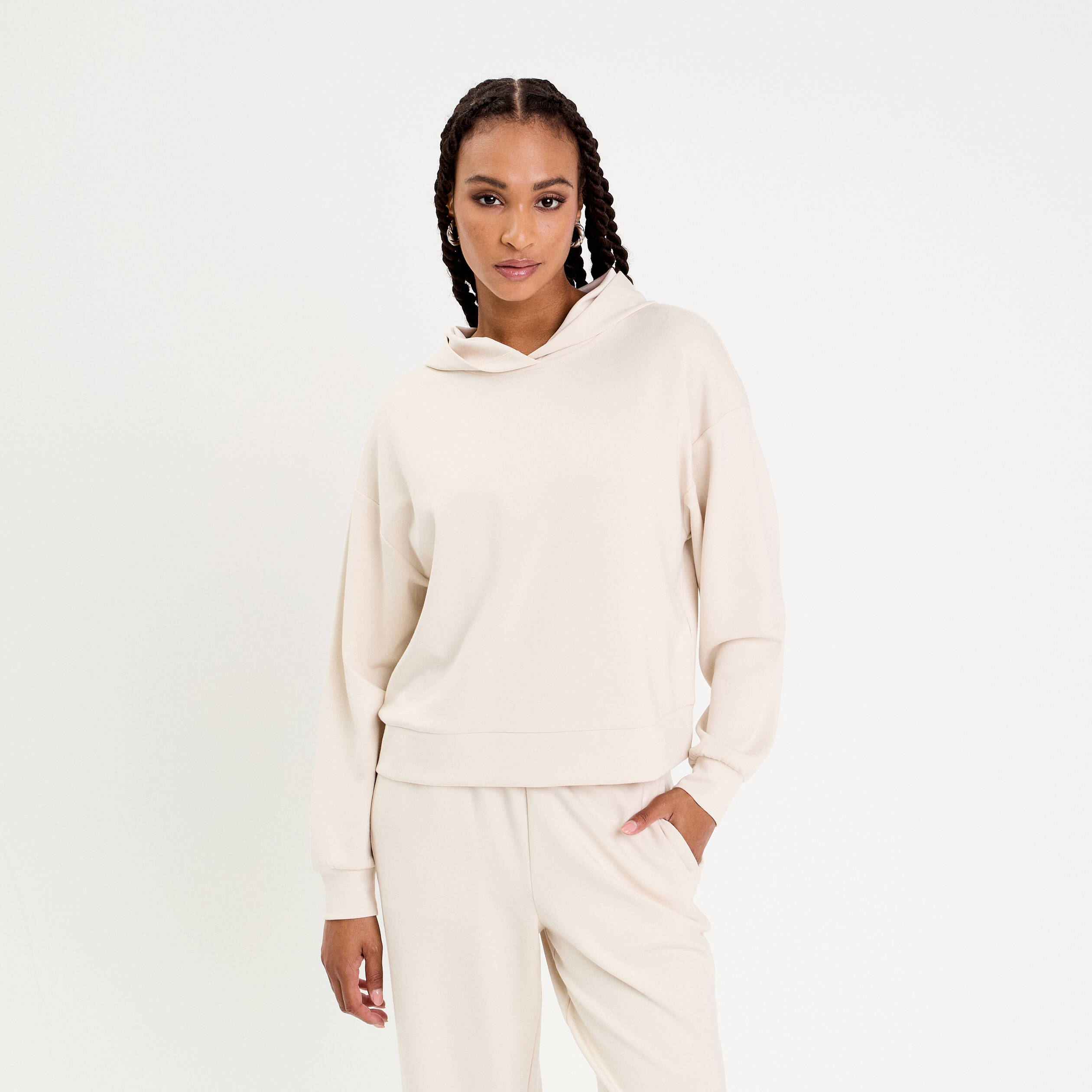 Sweat &agrave; capuche manches longues ecru femme