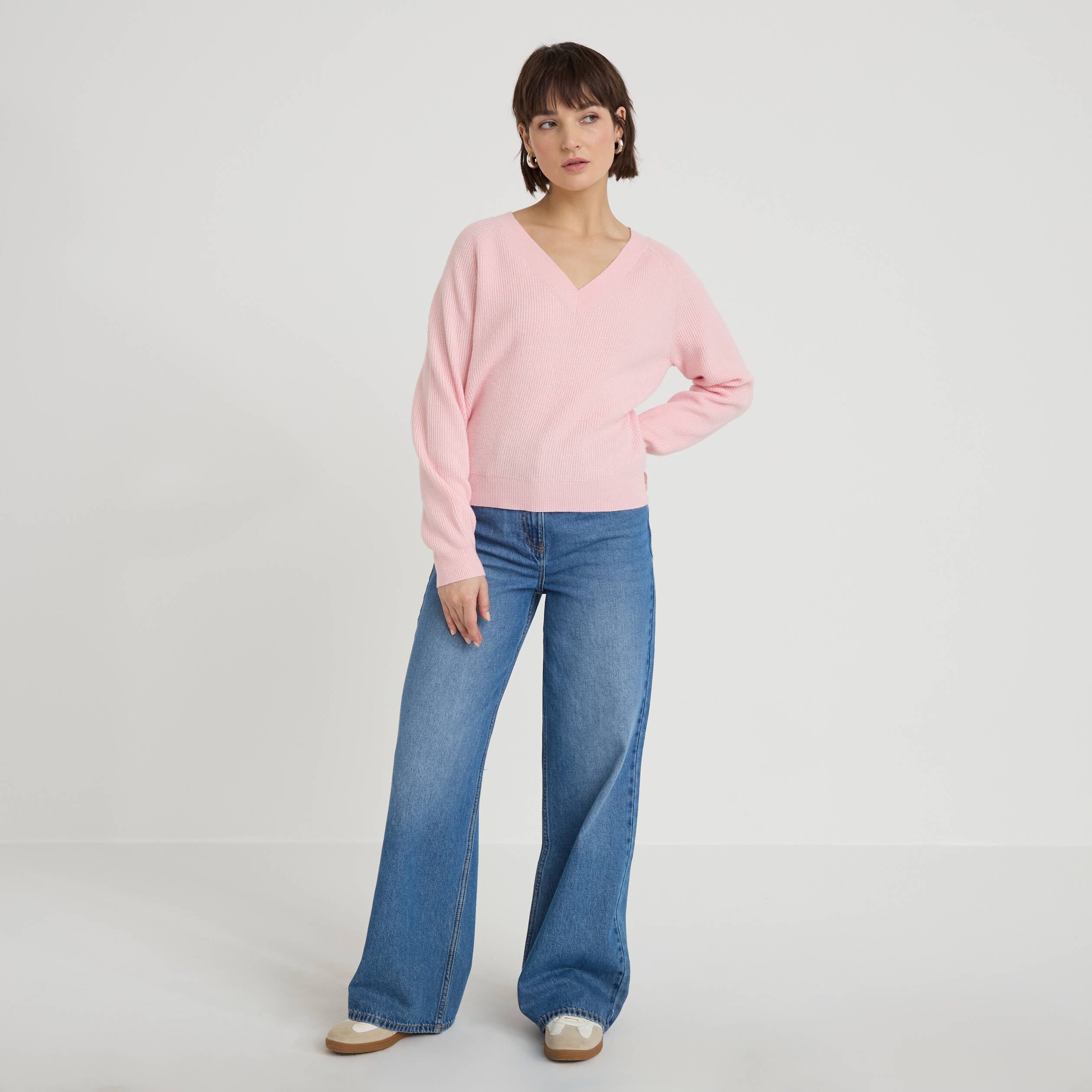 Pull fin col v rose clair femme