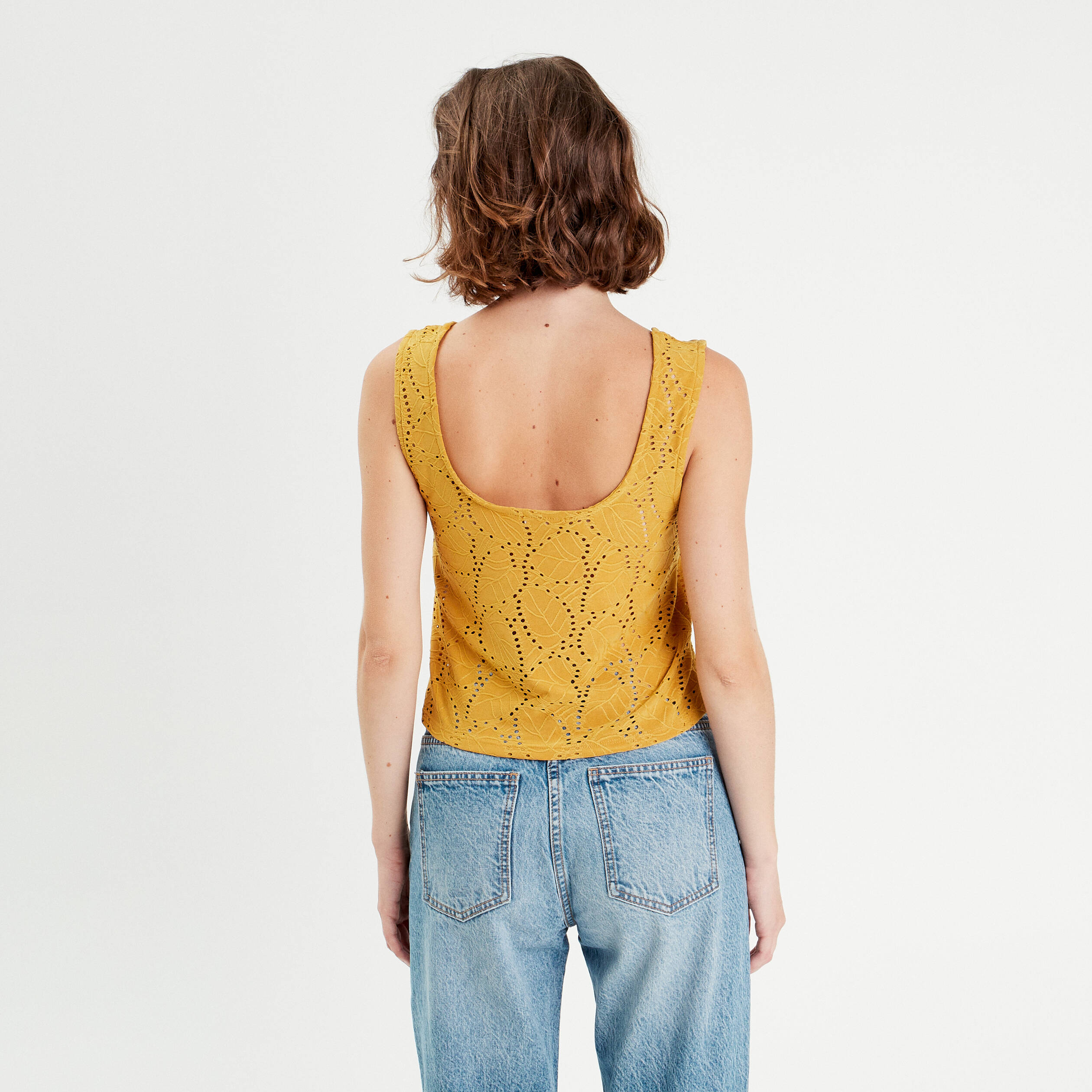 debardeur broderie anglaise jaune moutarde femme Débardeur broderie anglaise jaune moutarde femme