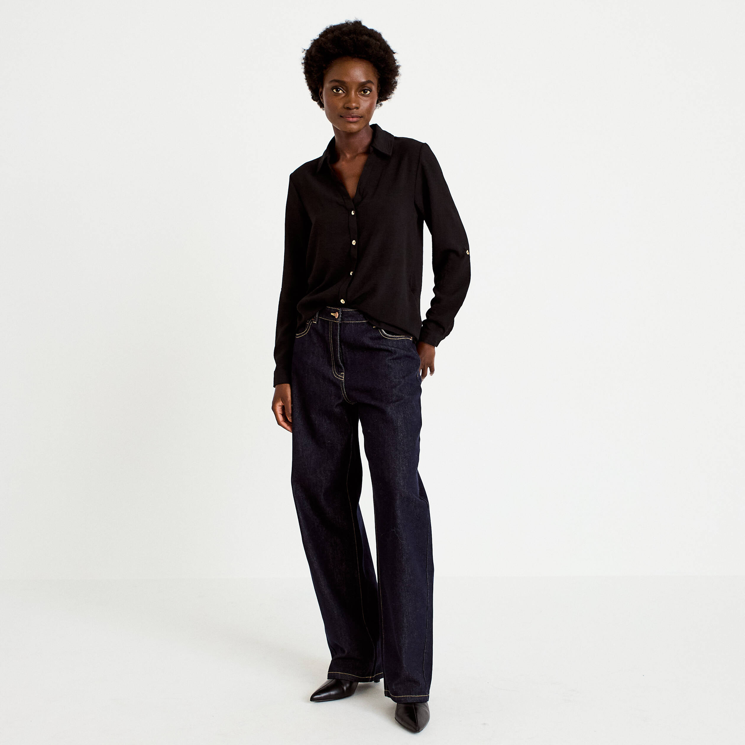 Chemise droite pliss&eacute;e manches longues noir femme