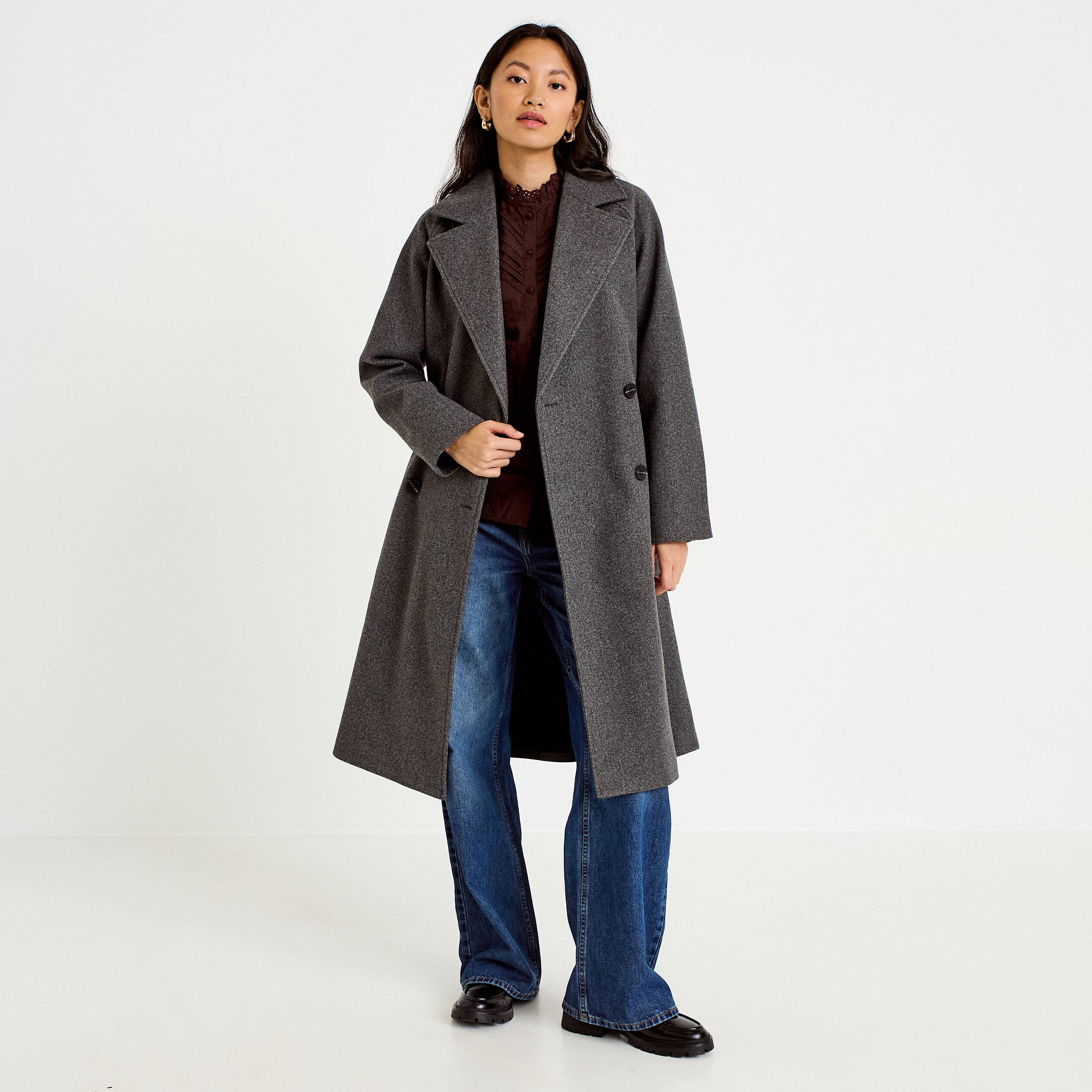 Manteau droit mi-long &agrave; manches longues gris femme